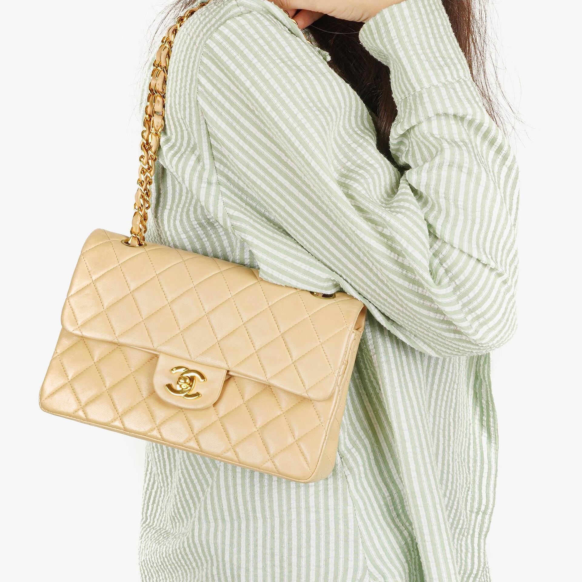 Chanel Timeless Classic Small Double Flap Bag In Beige Quilted Lambskin And 24K Gold-Plated Hardware