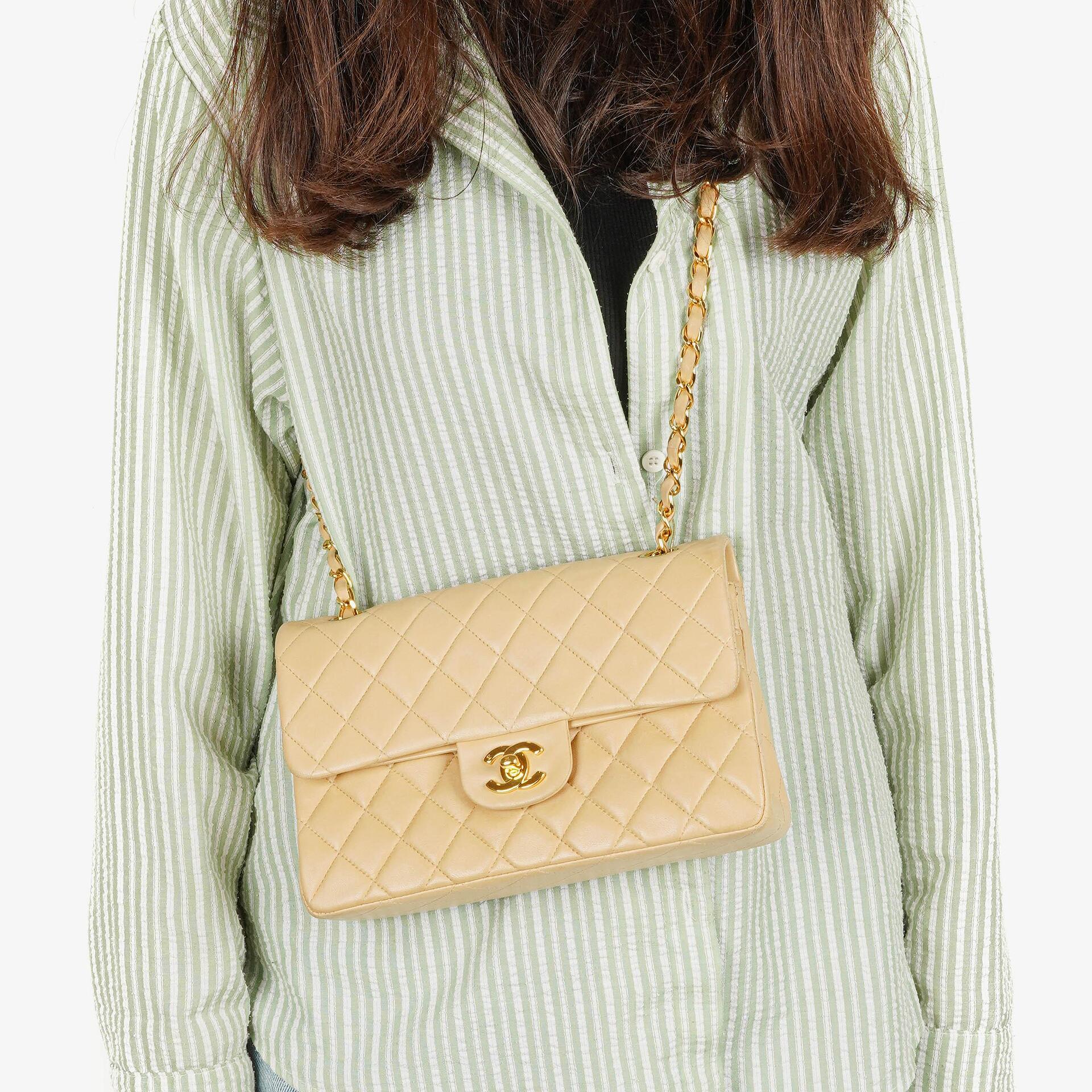 Chanel Timeless Classic Small Double Flap Bag In Beige Quilted Lambskin And 24K Gold-Plated Hardware