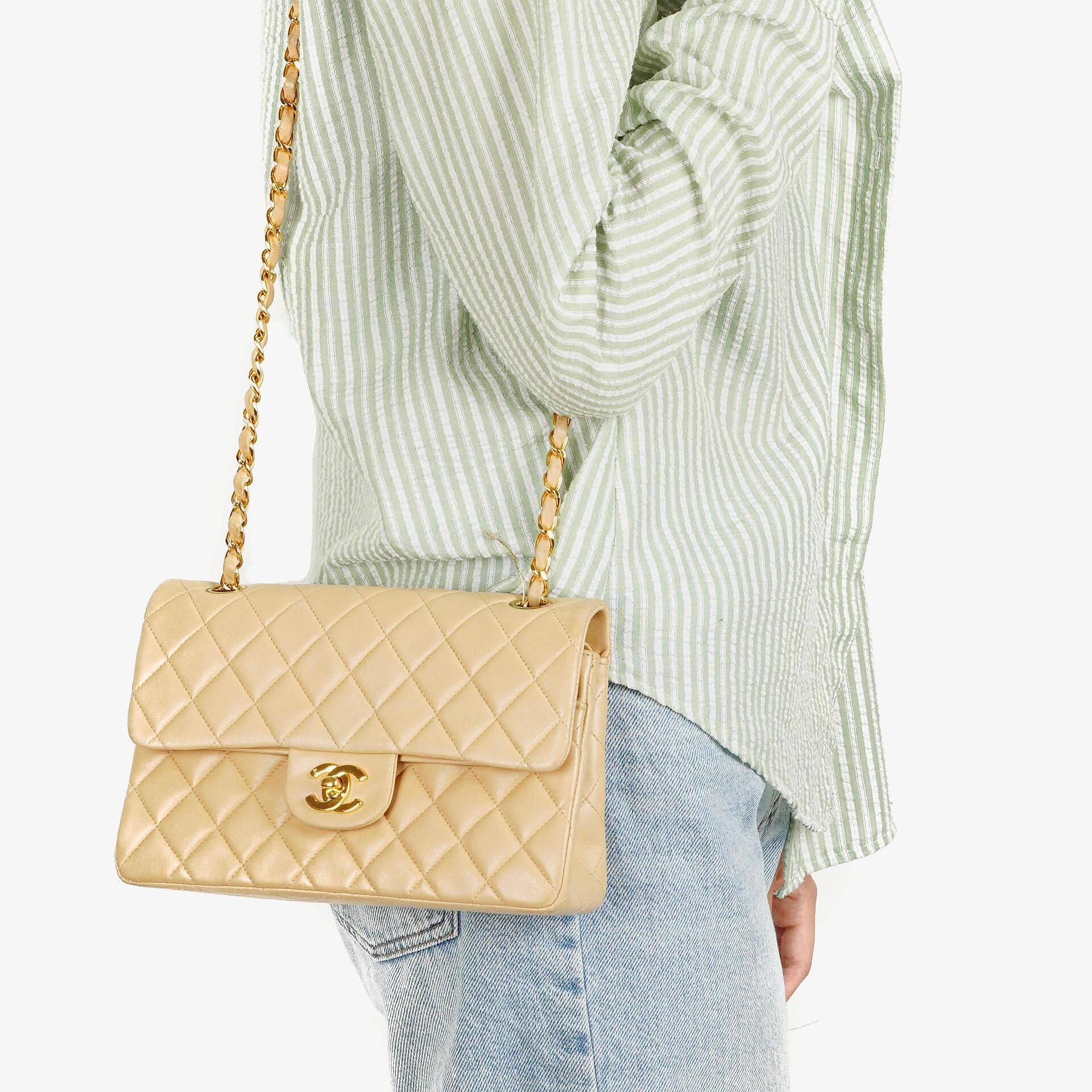Chanel Timeless Classic Small Double Flap Bag In Beige Quilted Lambskin And 24K Gold-Plated Hardware