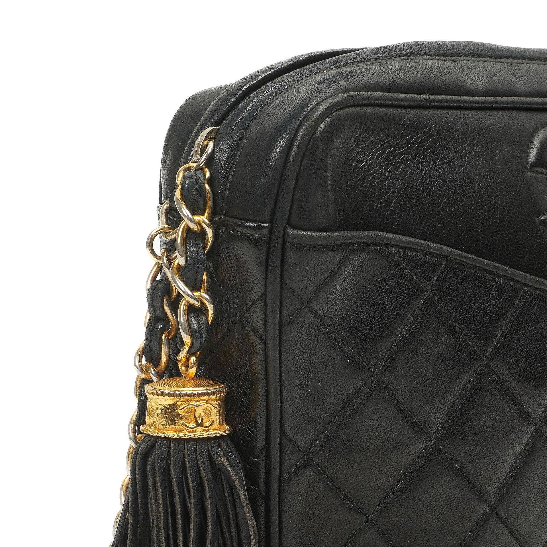 Chanel Vintage Camera Tassel Bag CC Front Pocket Black Quilted Lambskin