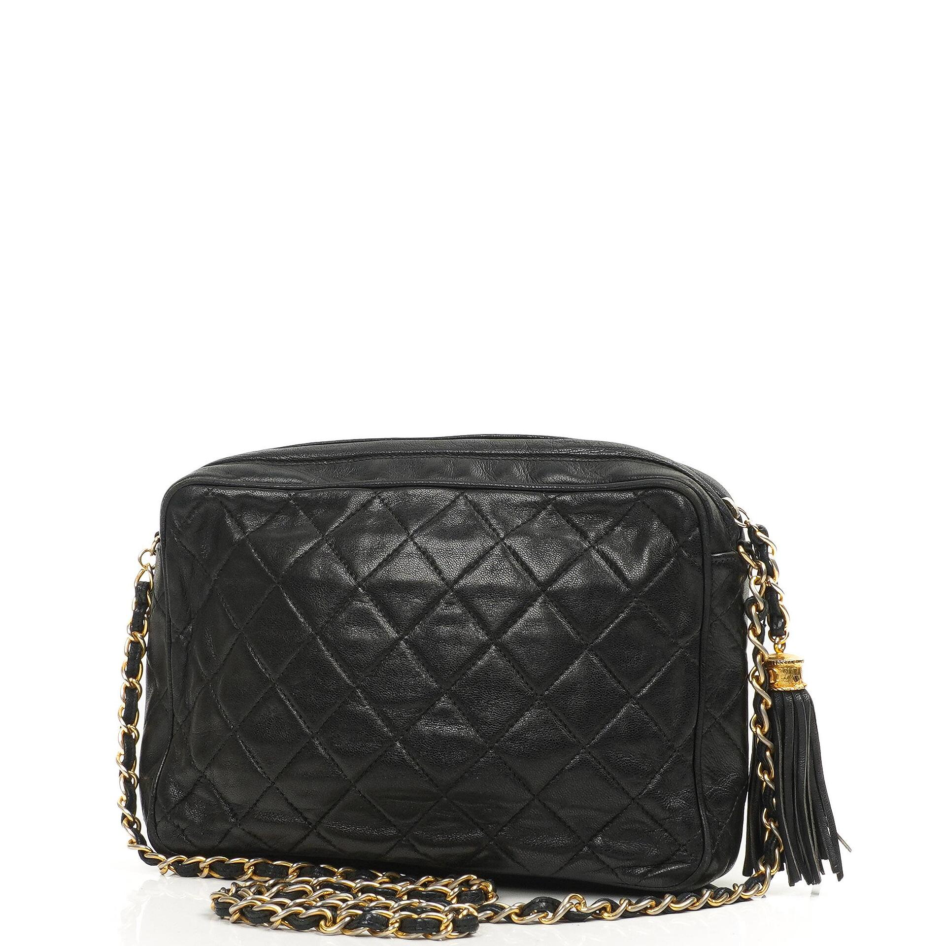 Chanel Vintage Camera Tassel Bag CC Front Pocket Black Quilted Lambskin