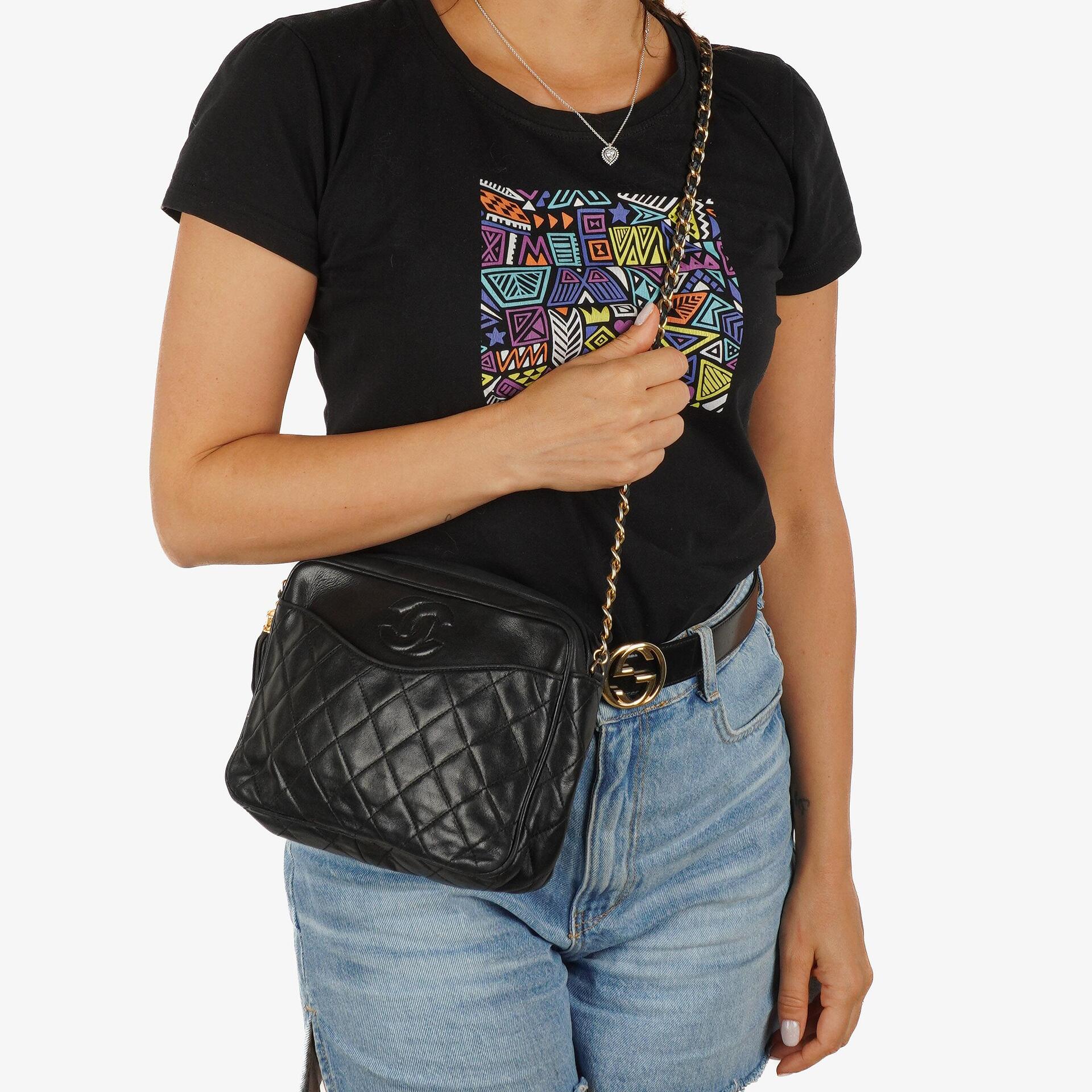 Chanel Vintage Camera Tassel Bag CC Front Pocket Black Quilted Lambskin