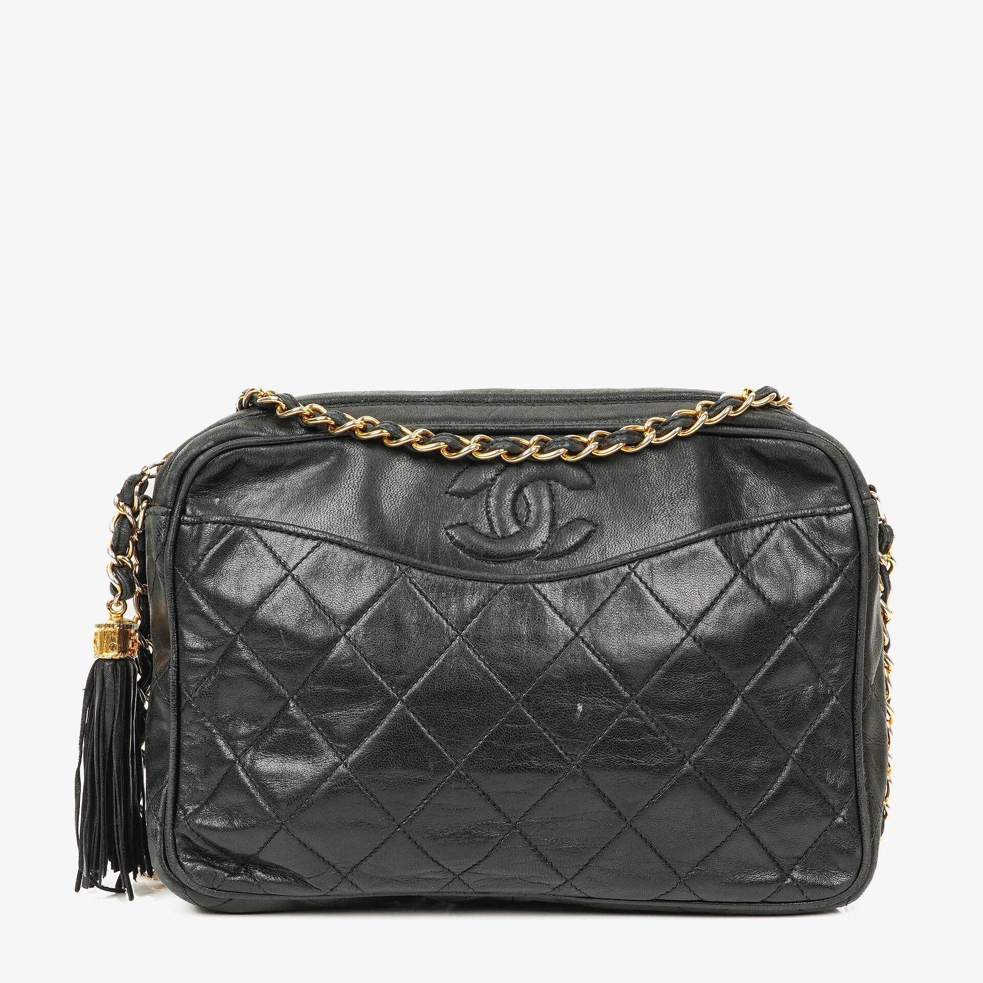 Chanel Vintage Camera Tassel Bag CC Front Pocket Black Quilted Lambskin
