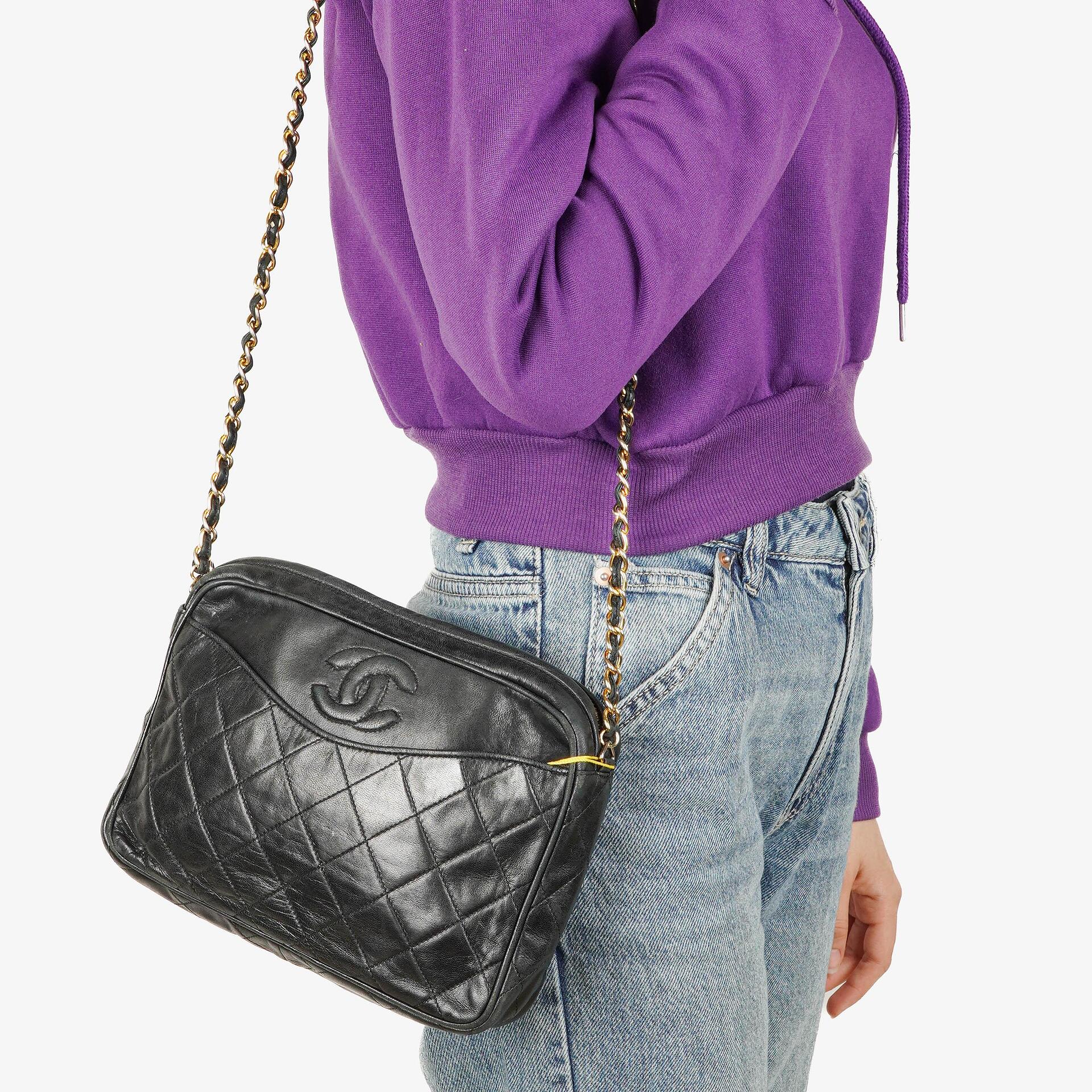Chanel Vintage Camera Tassel Bag CC Front Pocket Black Quilted Lambskin