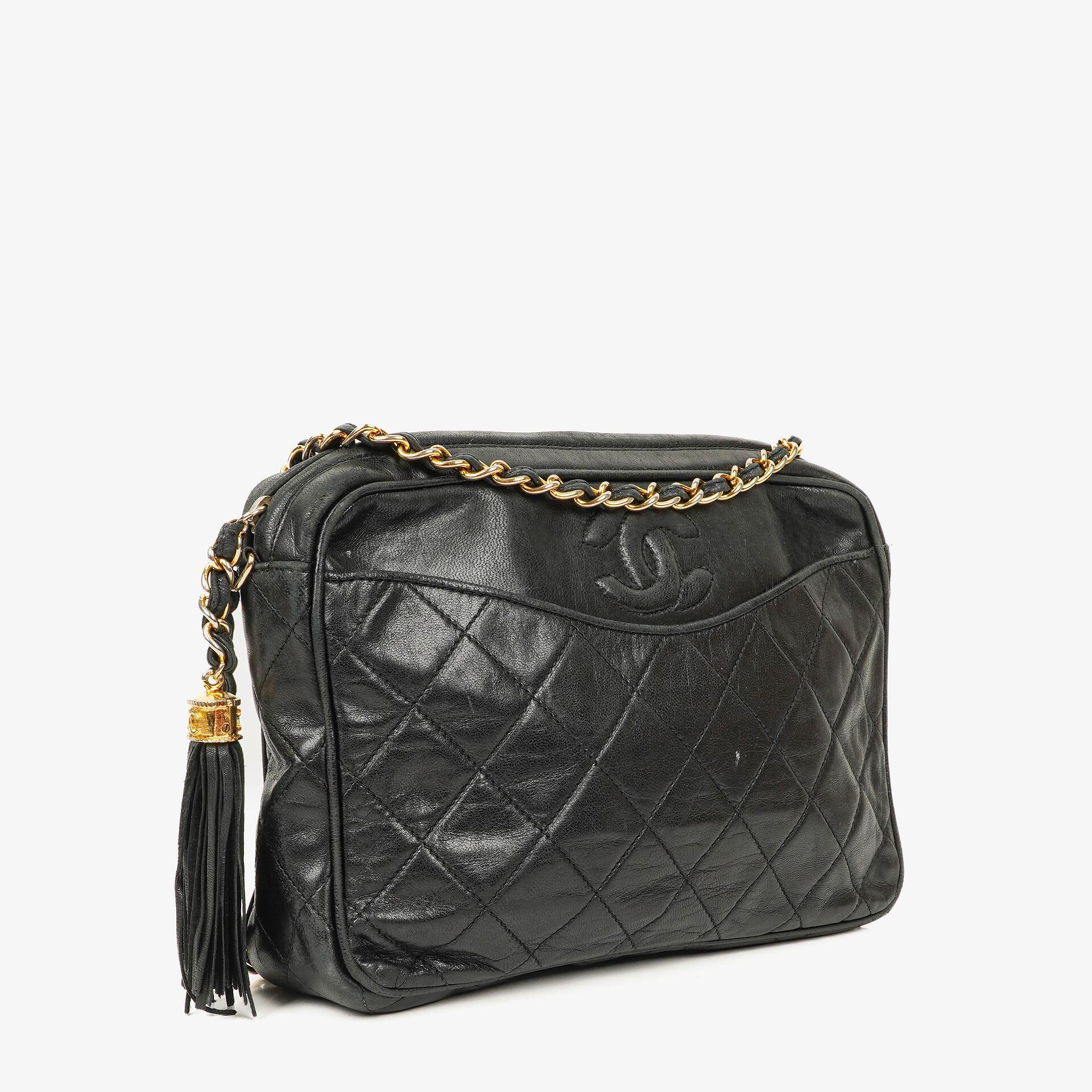 Chanel Vintage Camera Tassel Bag CC Front Pocket Black Quilted Lambskin