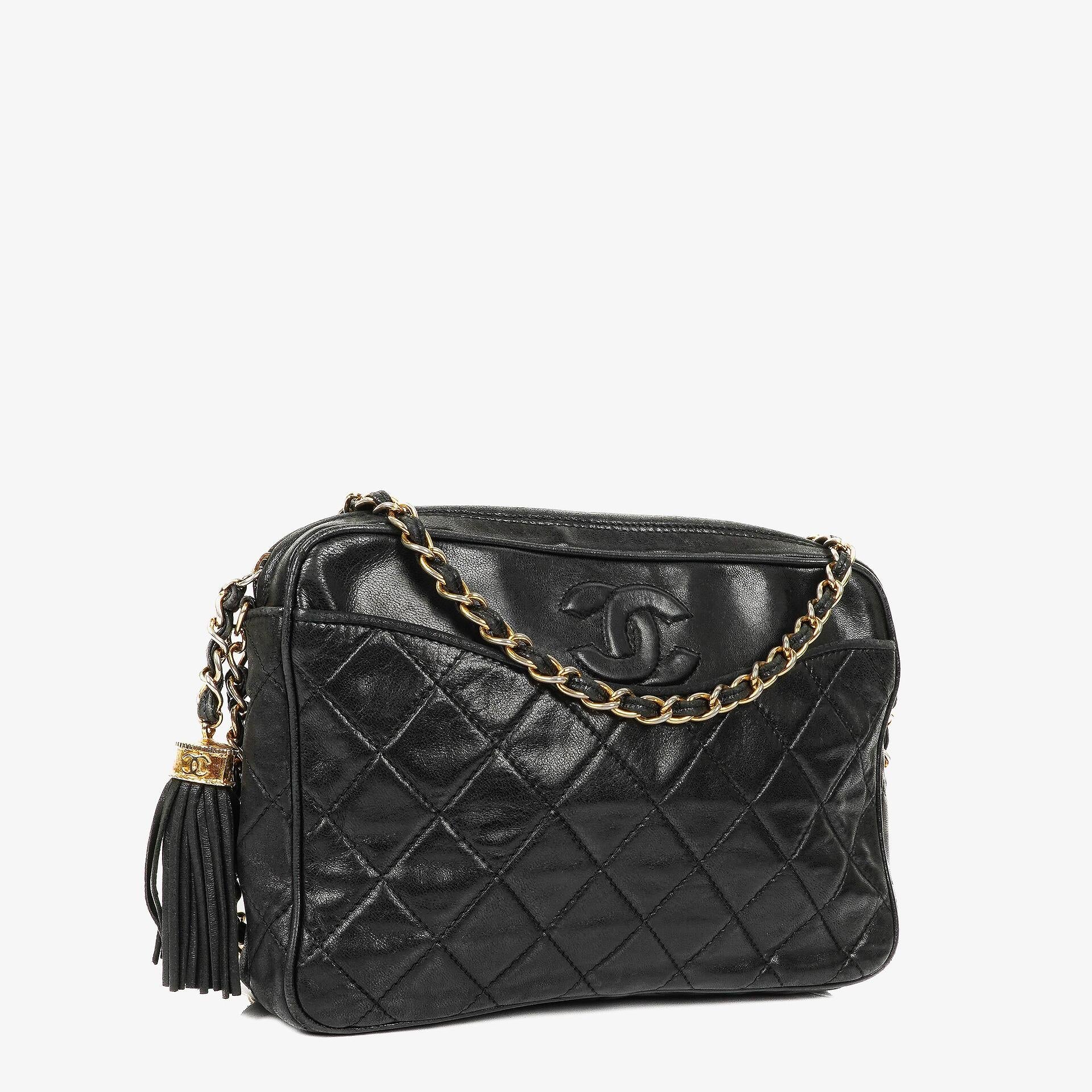 Chanel Vintage Camera Tassel Bag CC Front Pocket Black Quilted Lambskin
