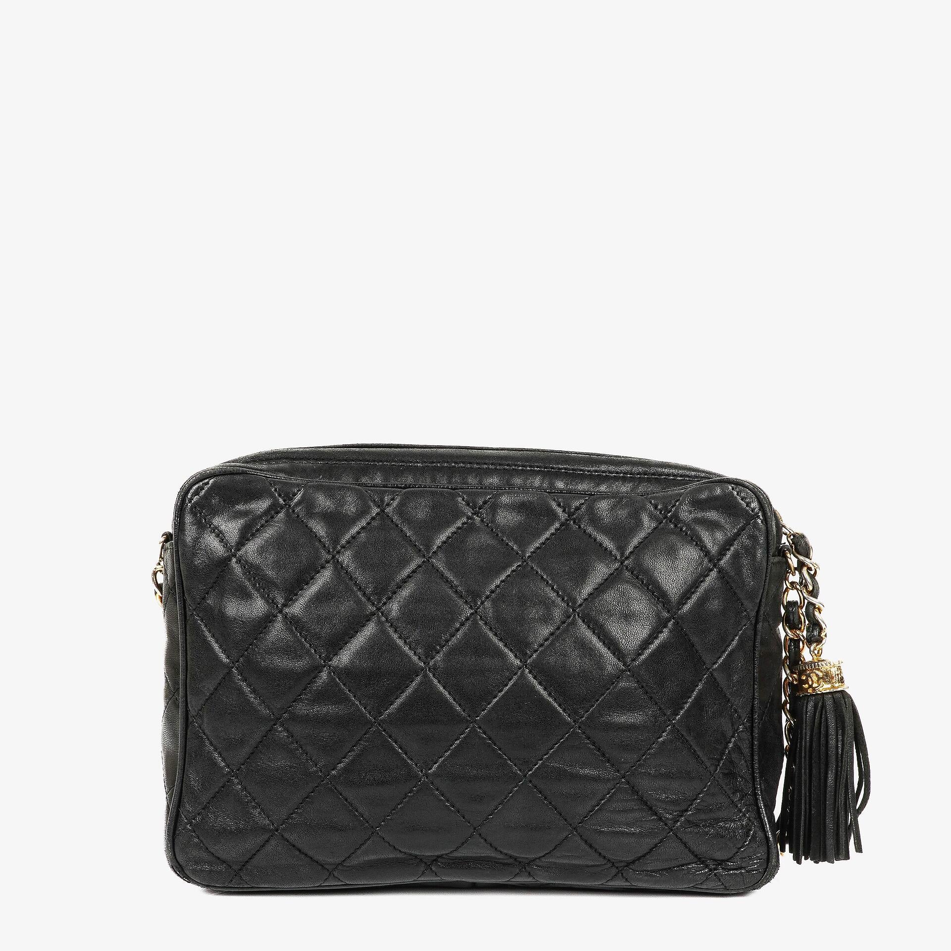 Chanel Vintage Camera Tassel Bag CC Front Pocket Black Quilted Lambskin