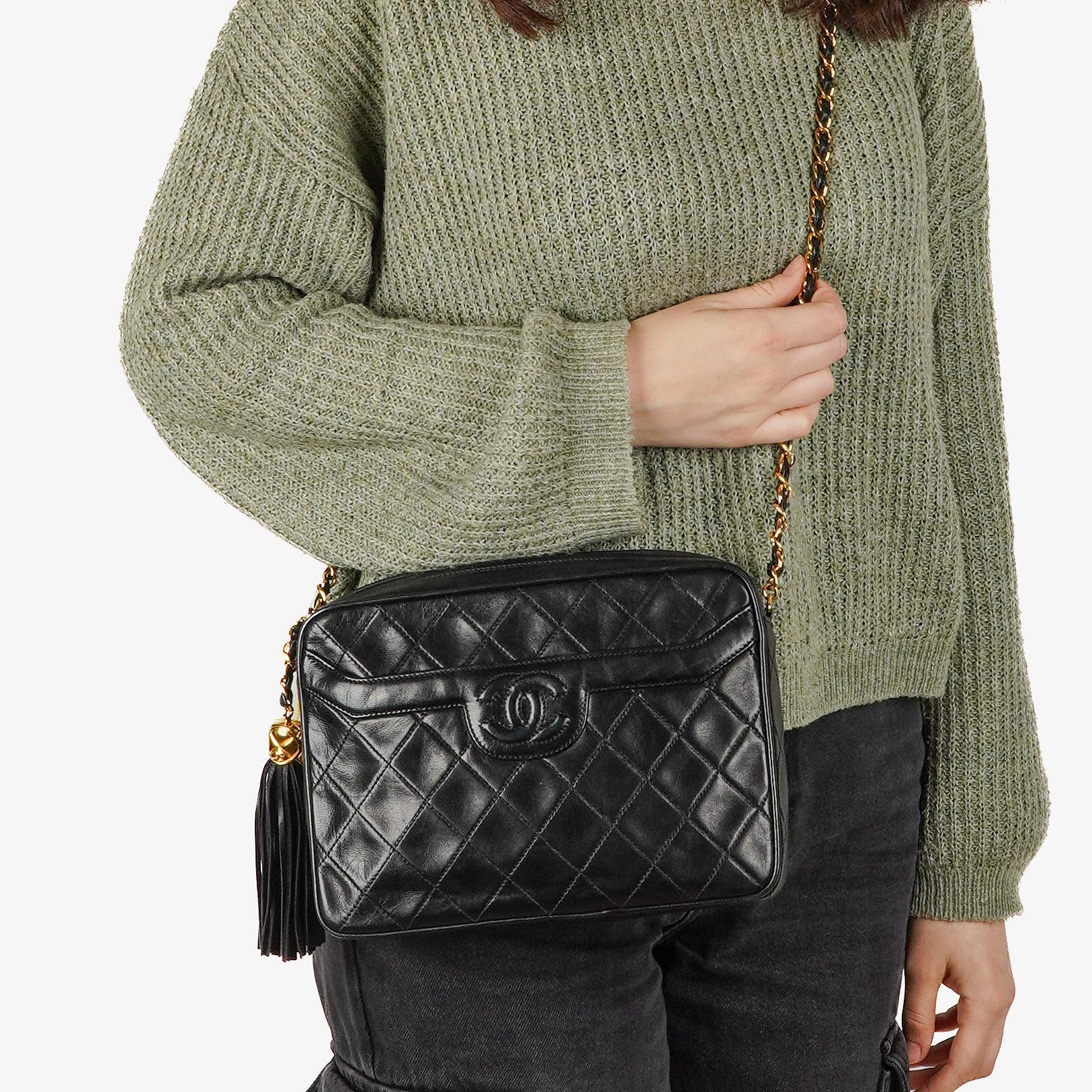 Chanel Vintage Camera Tassel Crossbody Bag CC Front Pocket Black Quilted Lambskin Medium, 1991-1994