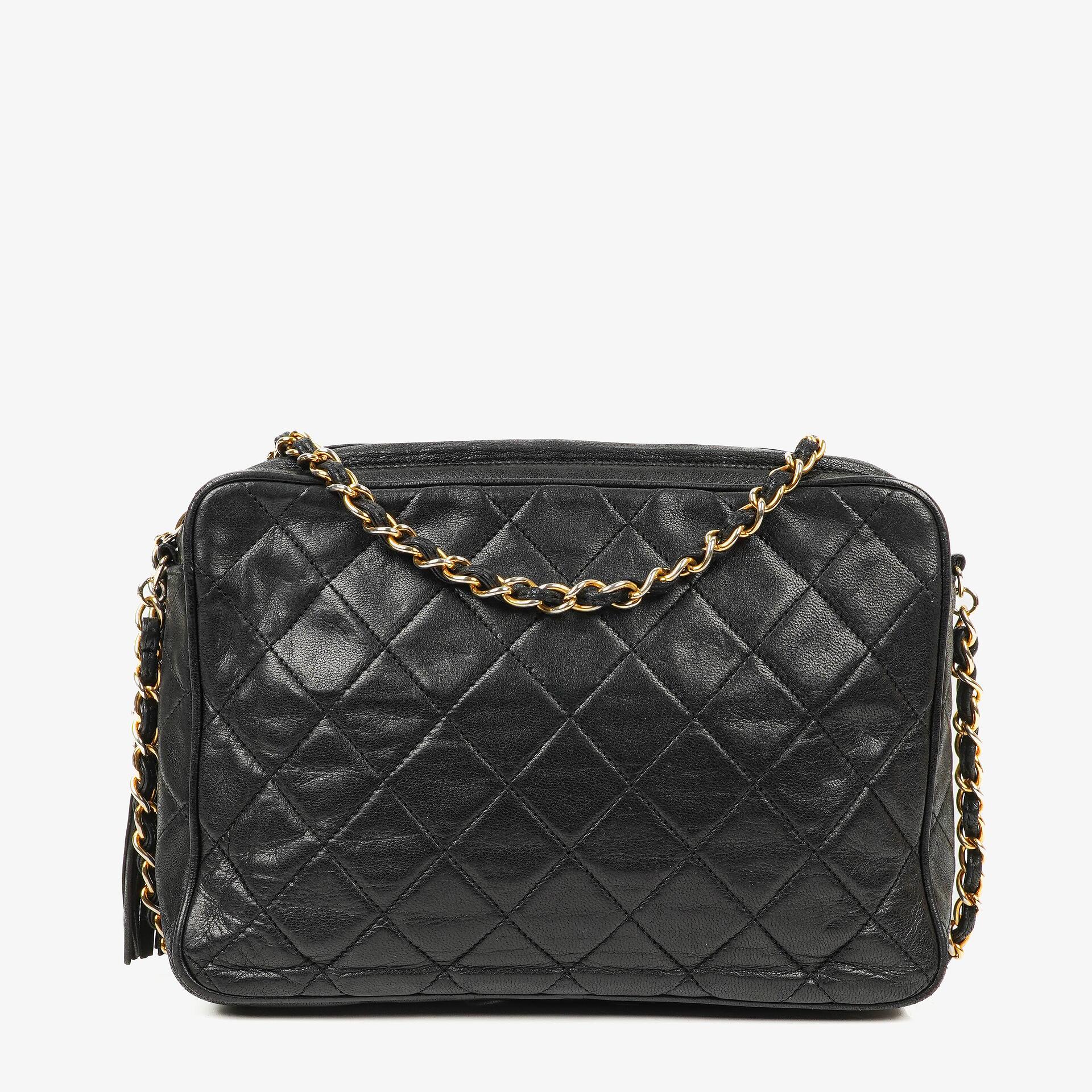 Chanel Vintage Camera Tassel Black Quilted Lambskin Bag
