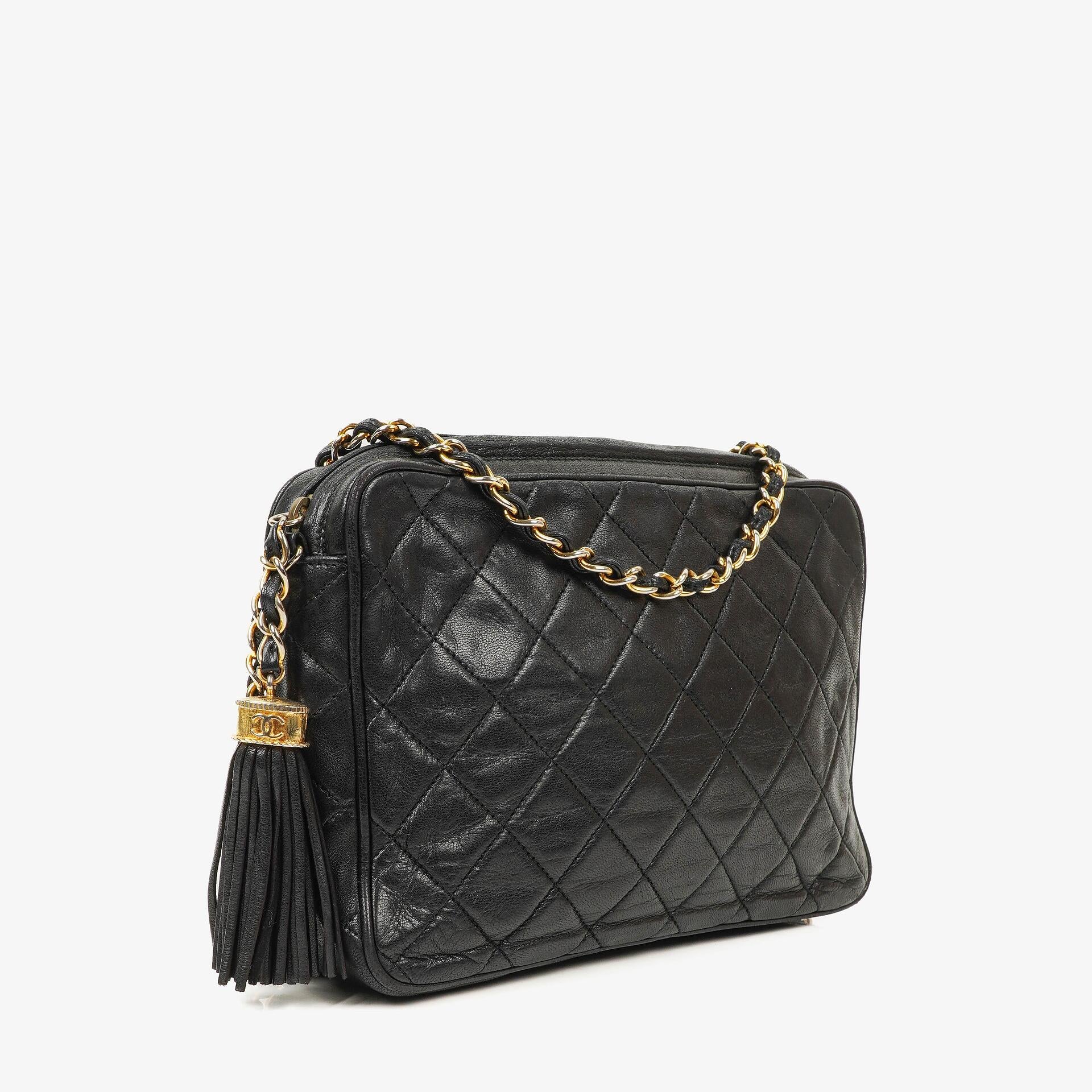 Chanel Vintage Camera Tassel Black Quilted Lambskin Bag
