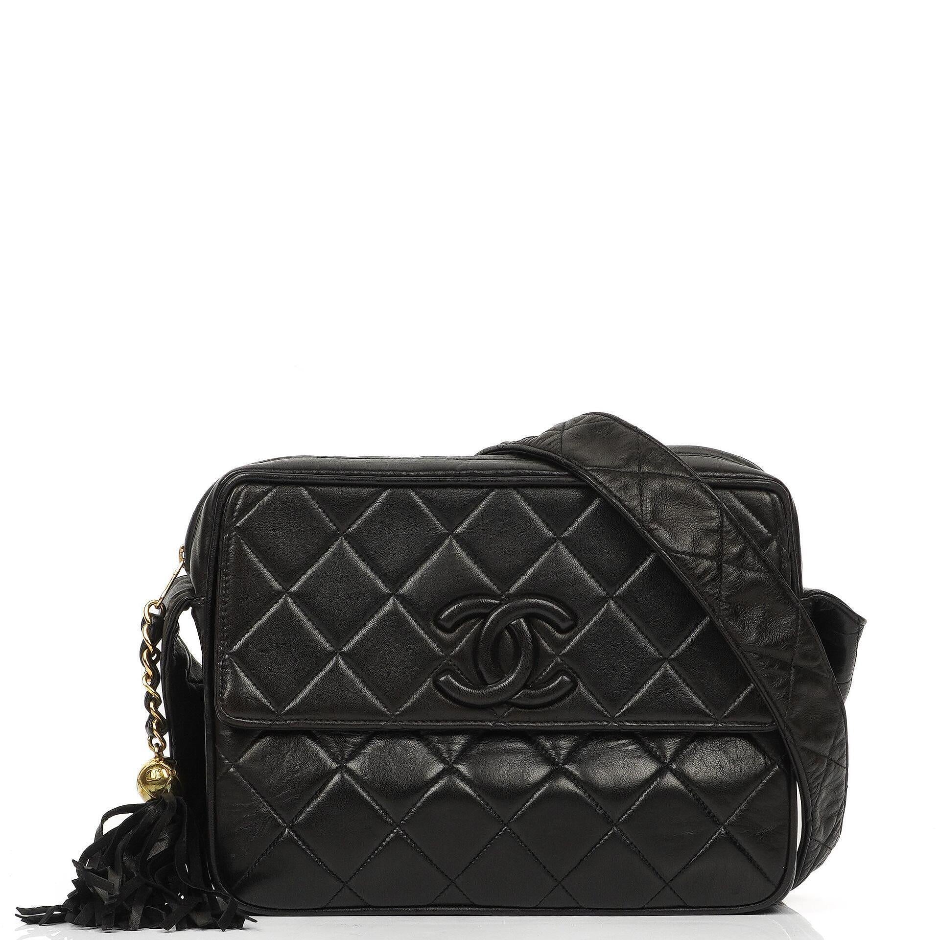 Chanel Vintage Camera Tassel CC Flap Pocket Black Quilted Lambskin Bag With Gold Hardware