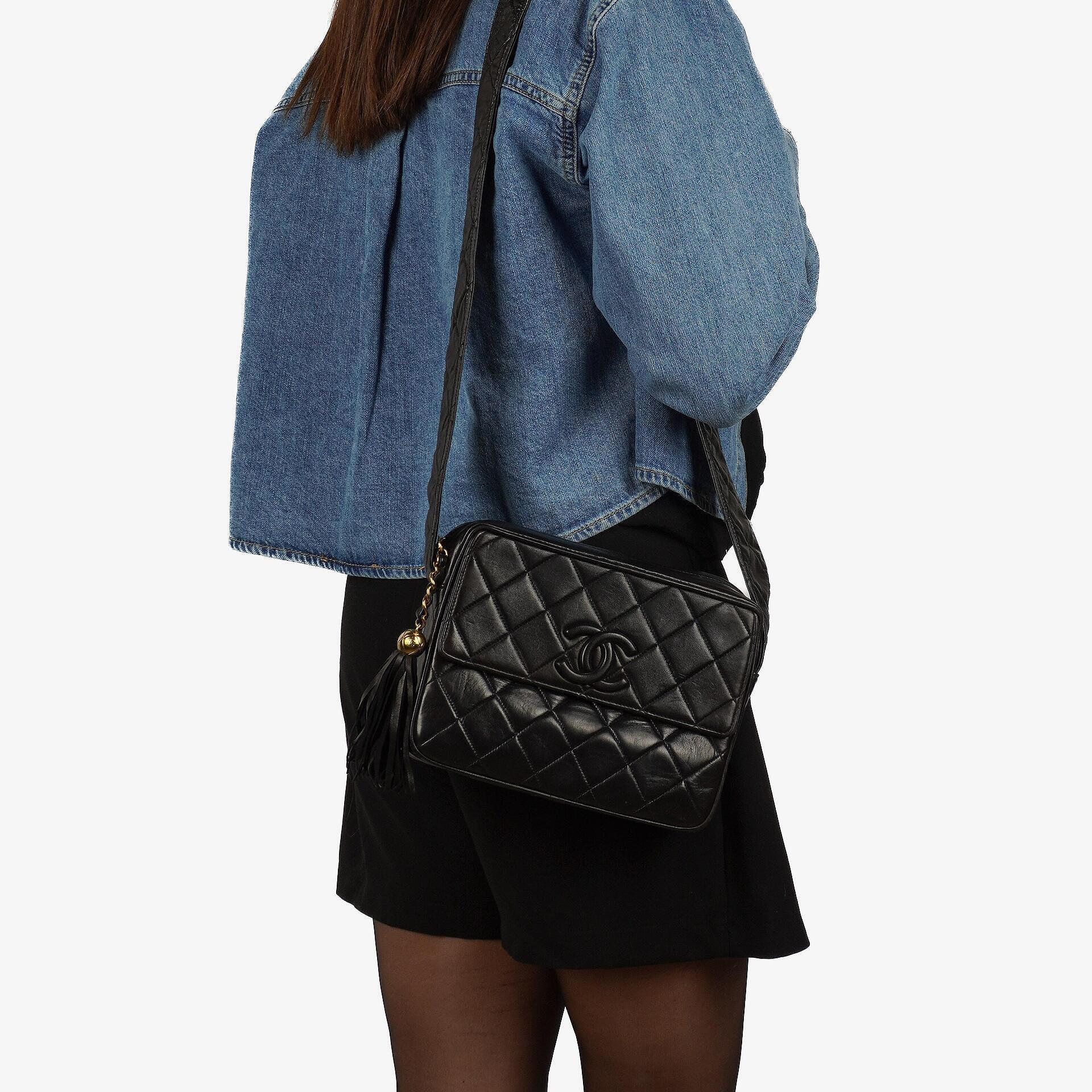Chanel Vintage Camera Tassel CC Flap Pocket Black Quilted Lambskin Bag With Gold Hardware