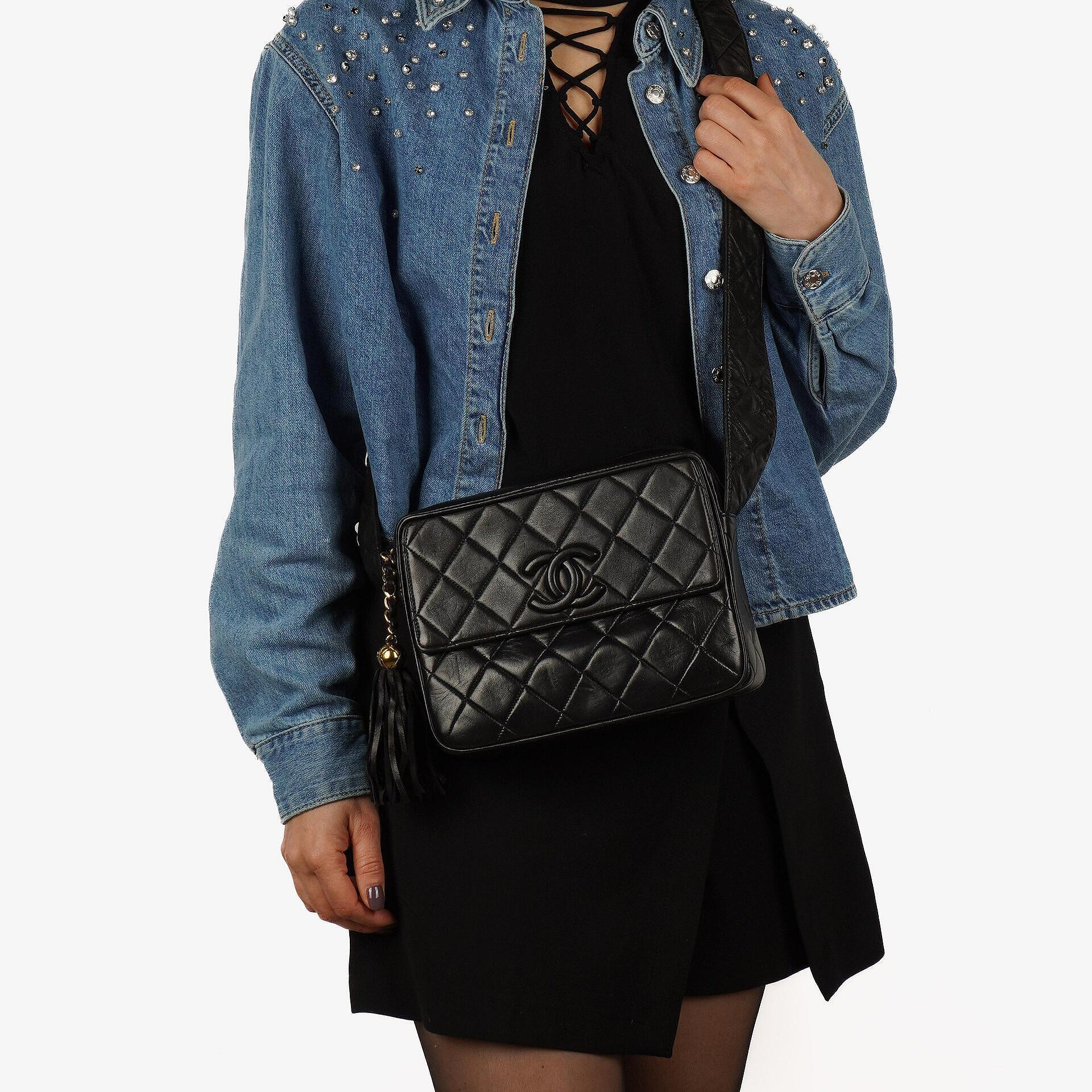 Chanel Vintage Camera Tassel CC Flap Pocket Black Quilted Lambskin Bag With Gold Hardware