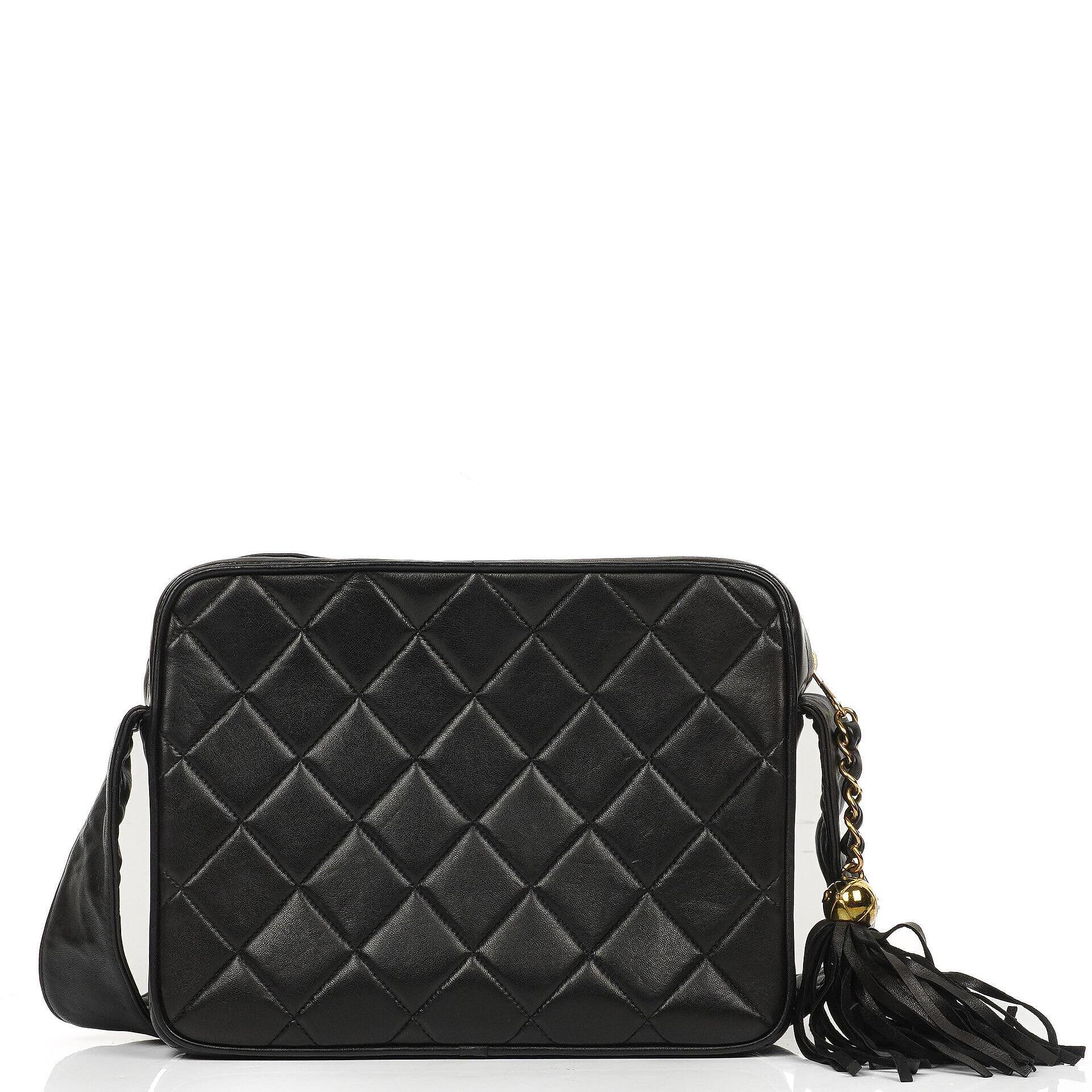 Chanel Vintage Camera Tassel CC Flap Pocket Black Quilted Lambskin Bag With Gold Hardware