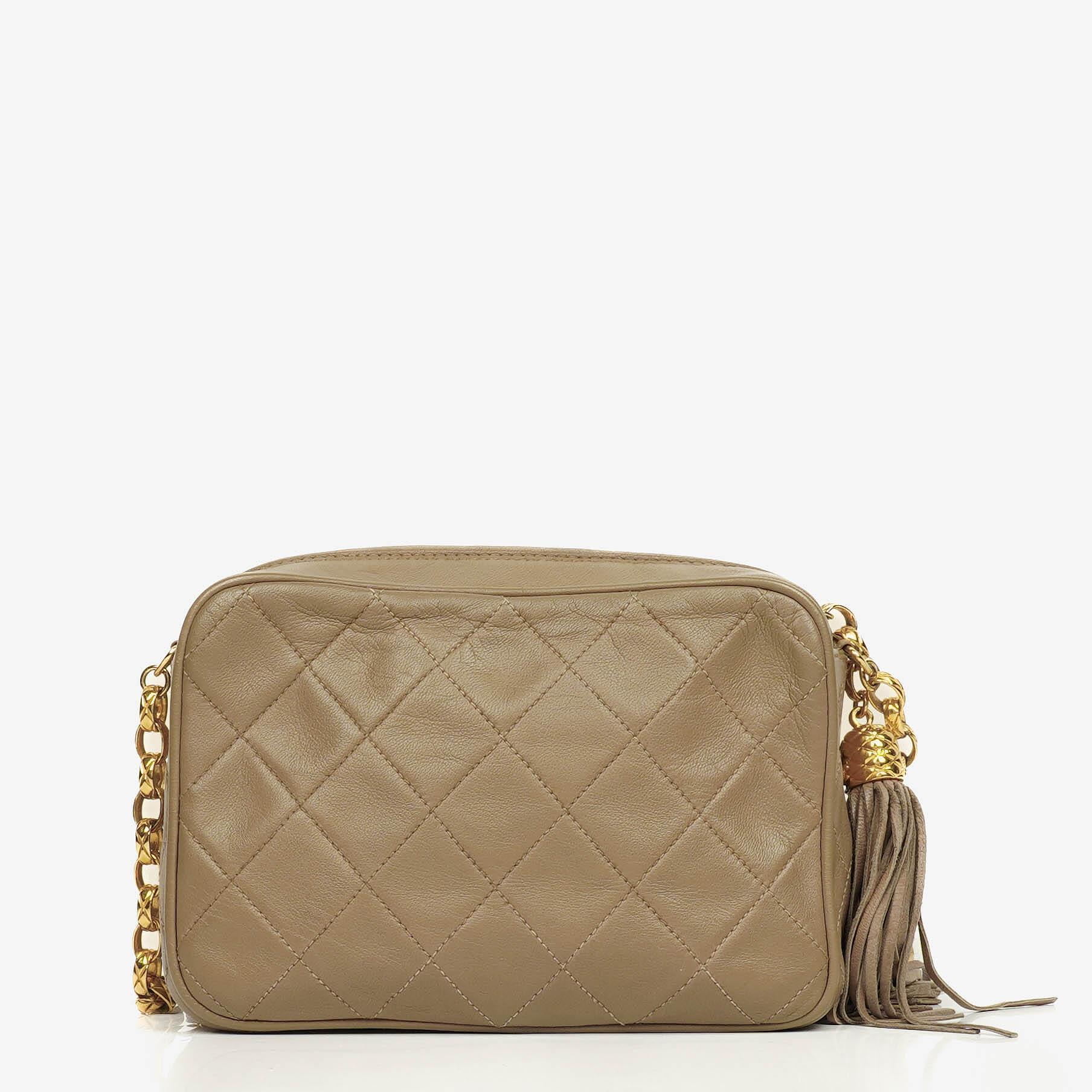 Chanel Vintage CC Beige Quilted Lambskin Camera Tassel Bag