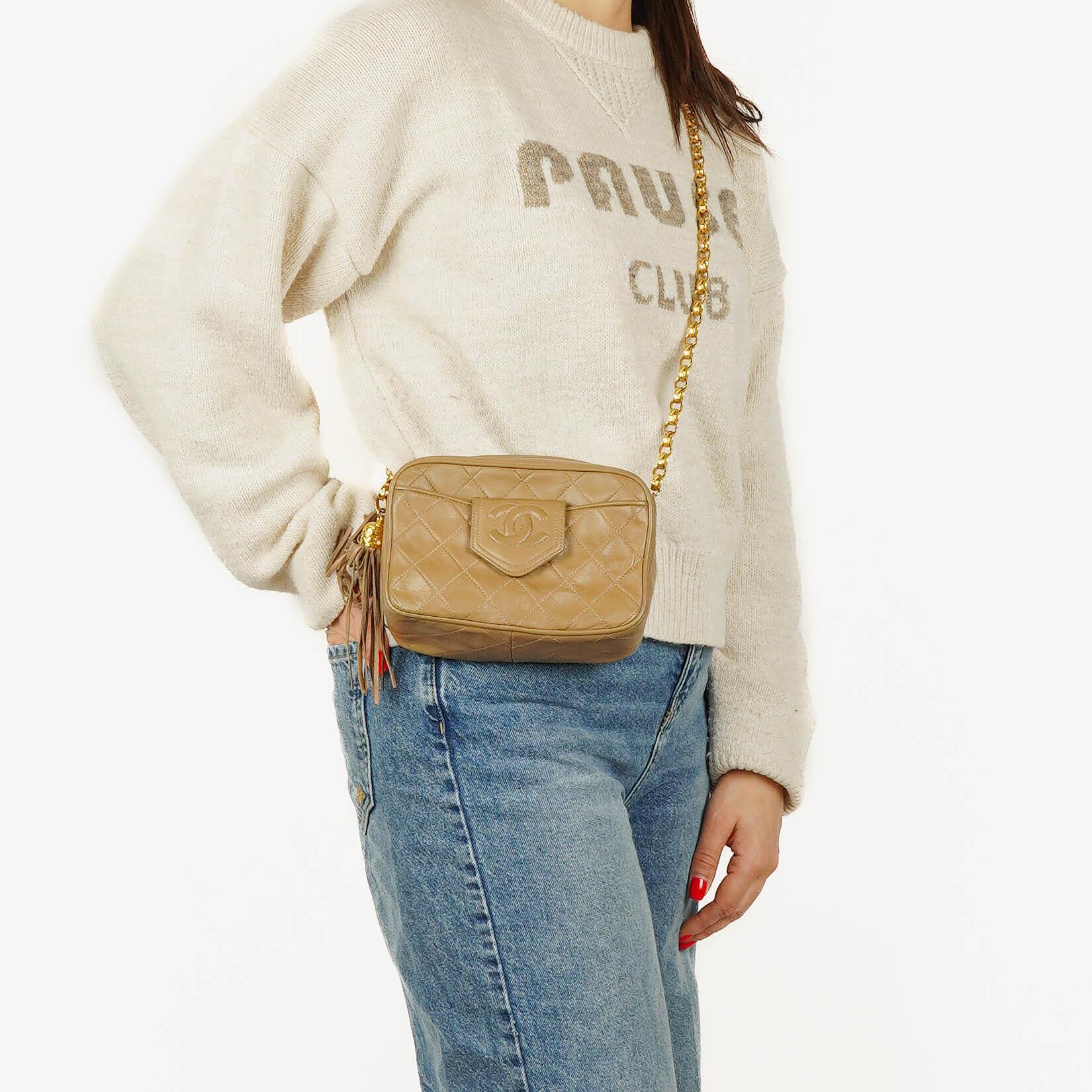 Chanel Vintage CC Beige Quilted Lambskin Camera Tassel Bag