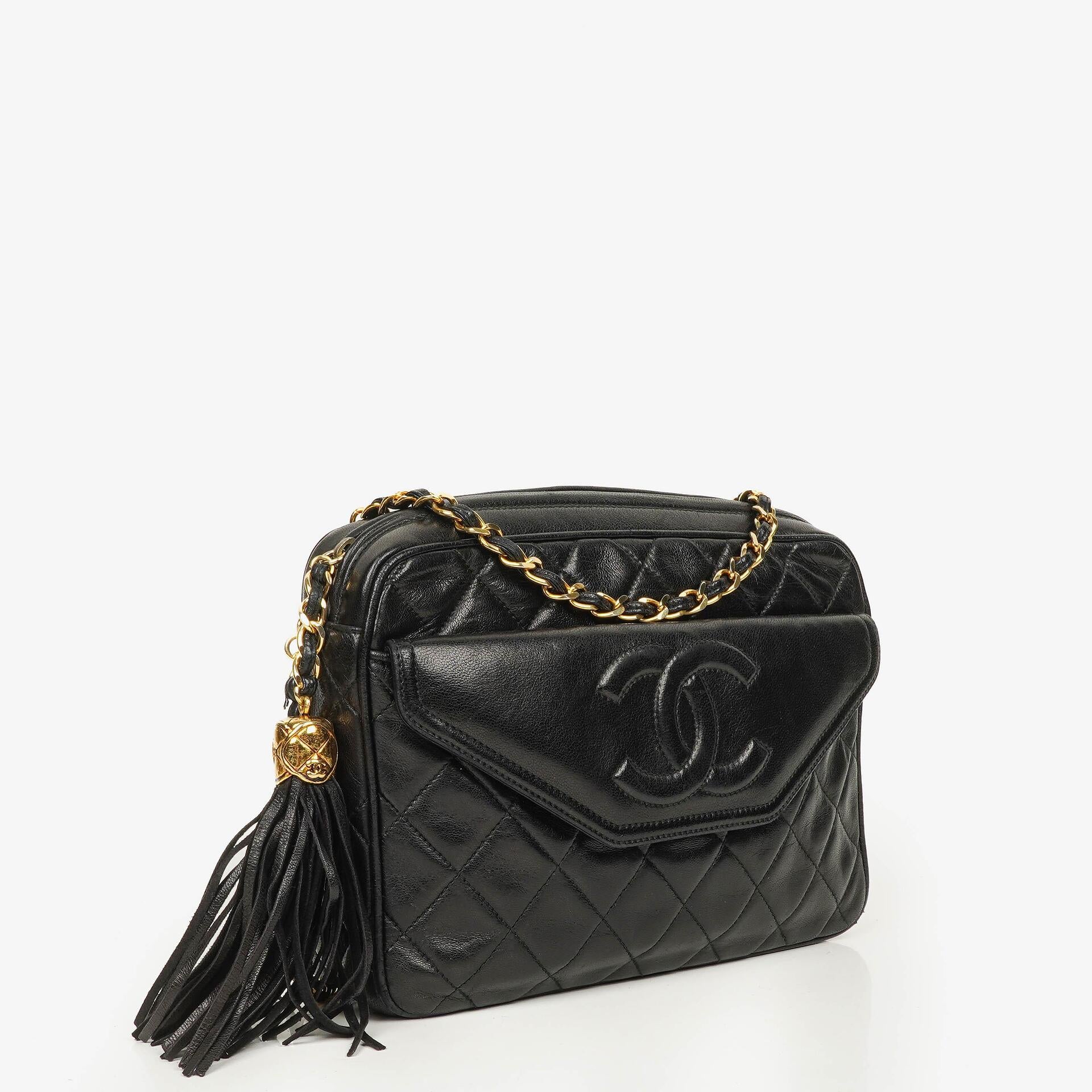 Chanel Vintage CC Black Quilted Lambskin Camera Tassel Bag