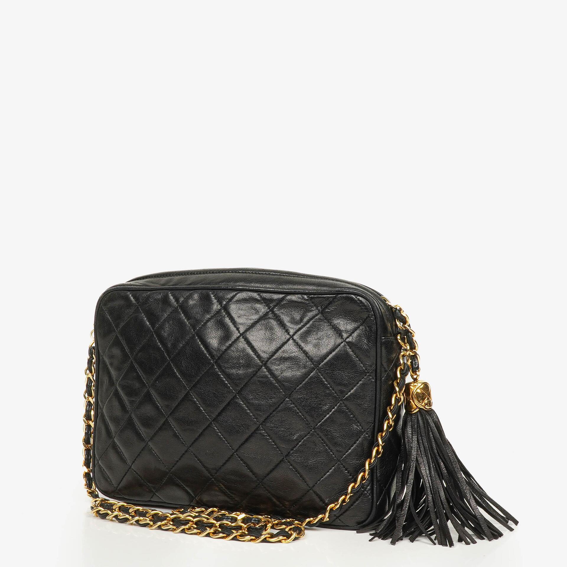 Chanel Vintage CC Black Quilted Lambskin Camera Tassel Bag