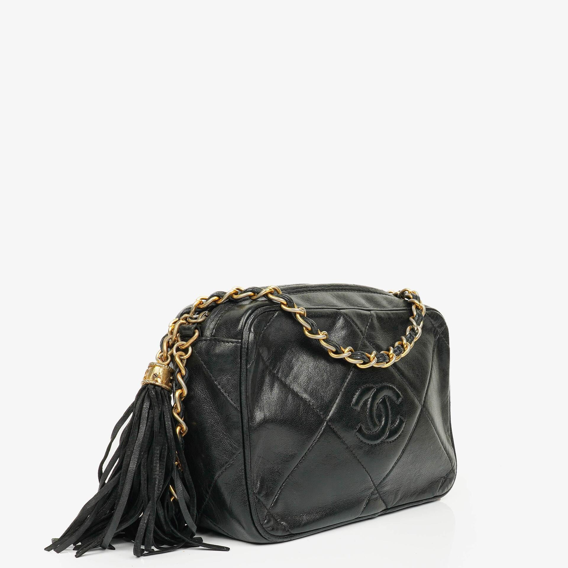 Chanel Vintage CC Black Quilted Lambskin Camera Tassel Bag