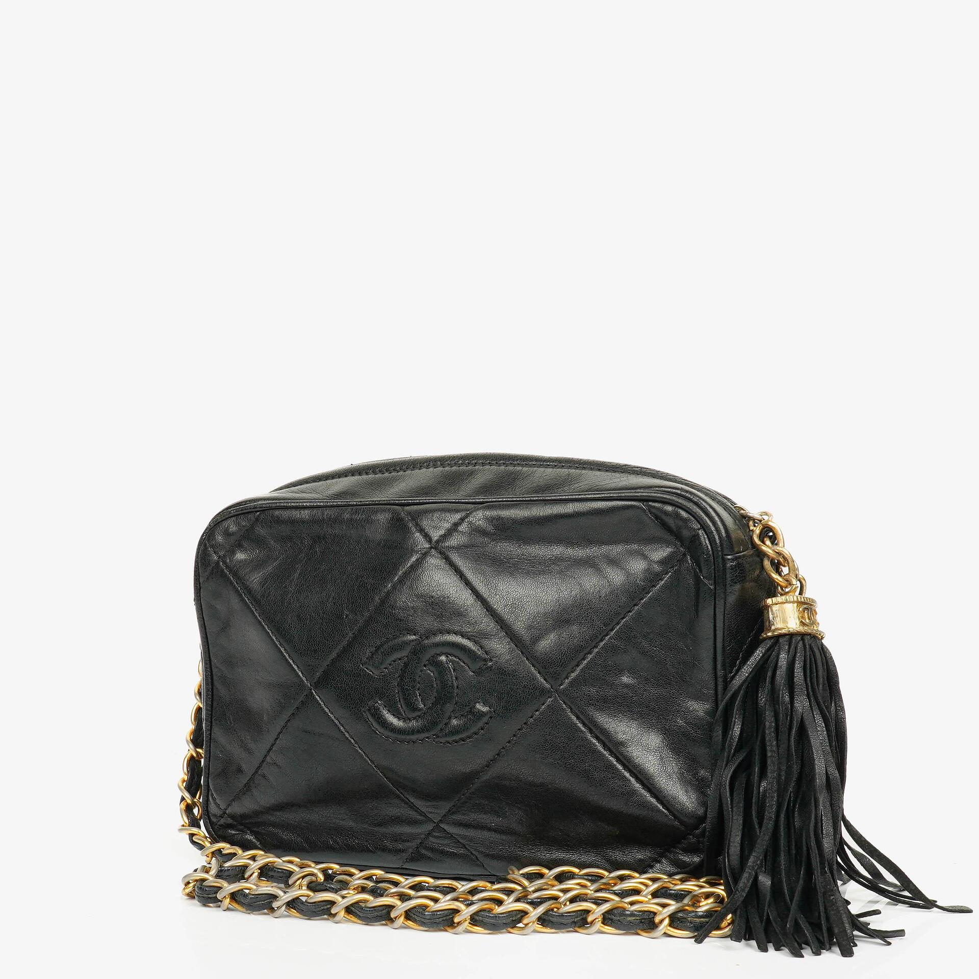 Chanel Vintage CC Black Quilted Lambskin Camera Tassel Bag