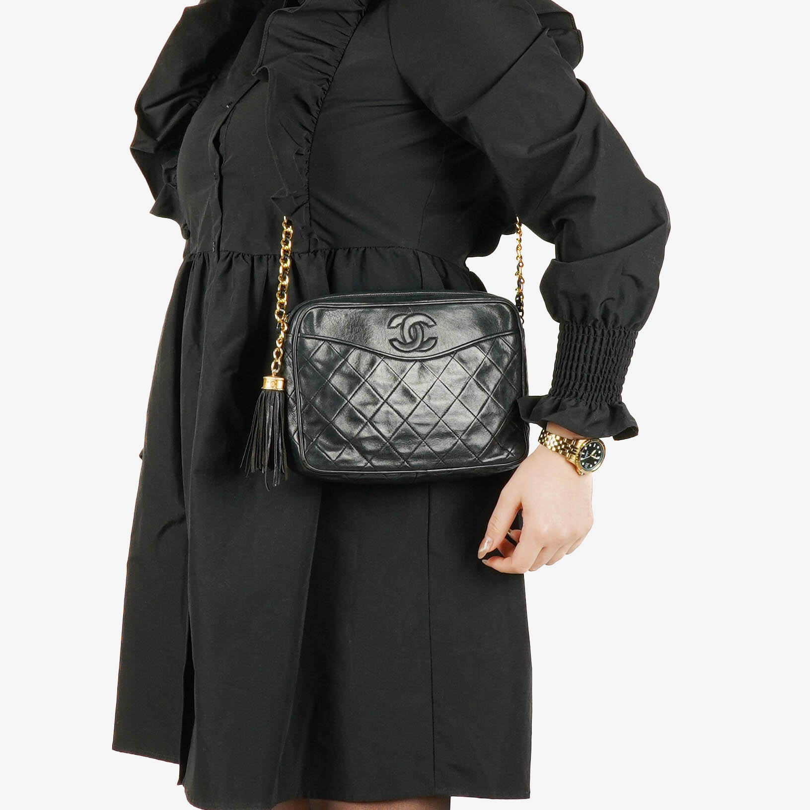 Chanel Vintage CC Black Quilted Lambskin Camera Tassel Bag