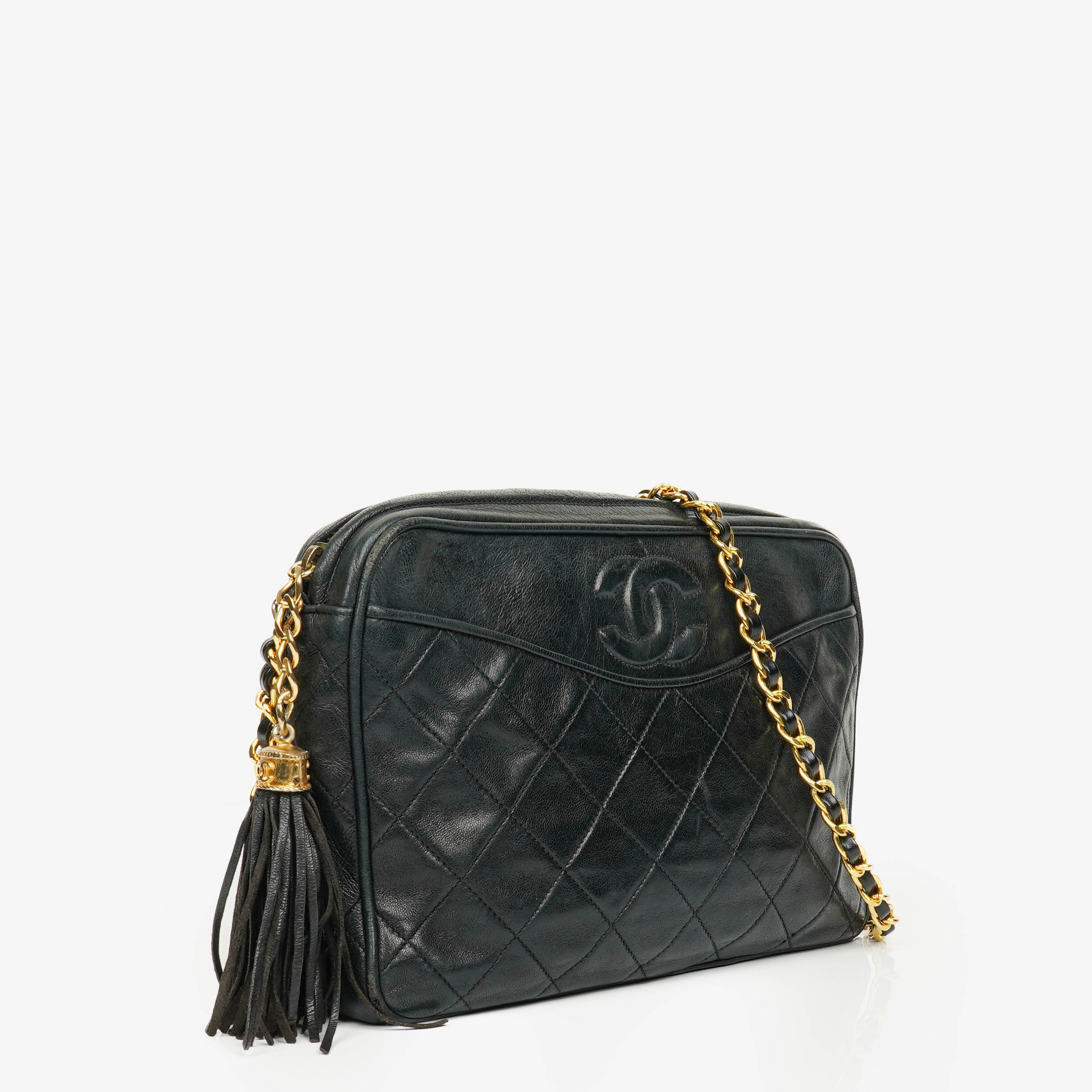 Chanel Vintage CC Black Quilted Lambskin Camera Tassel Bag