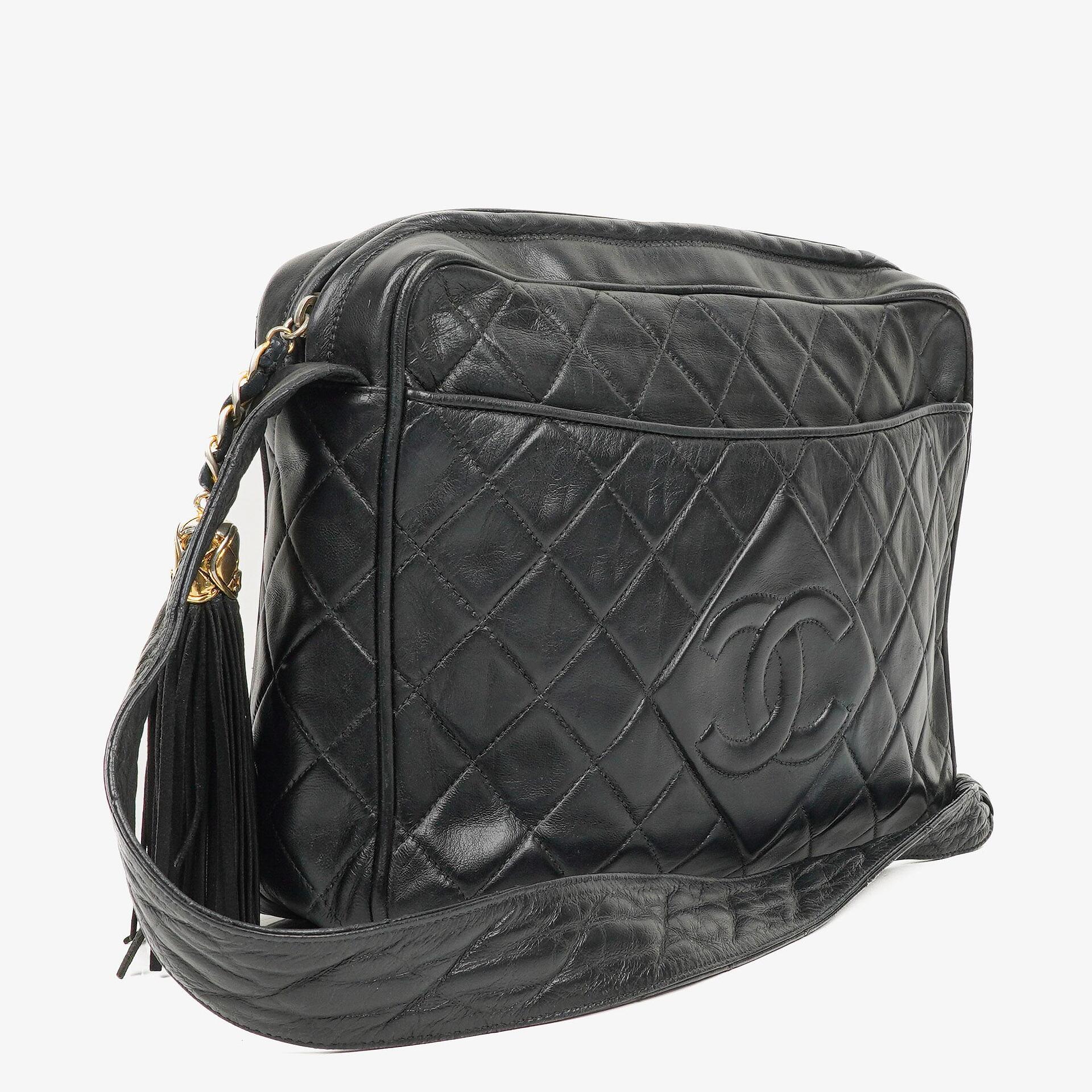 Chanel Vintage CC Black Quilted Lambskin Large Camera Tassel Bag