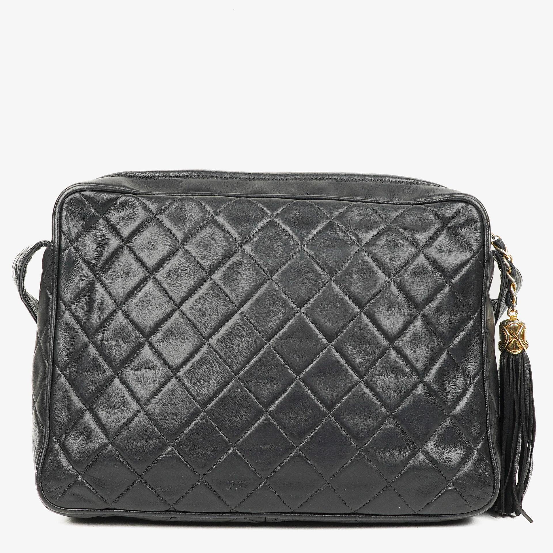 Chanel Vintage CC Black Quilted Lambskin Large Camera Tassel Bag