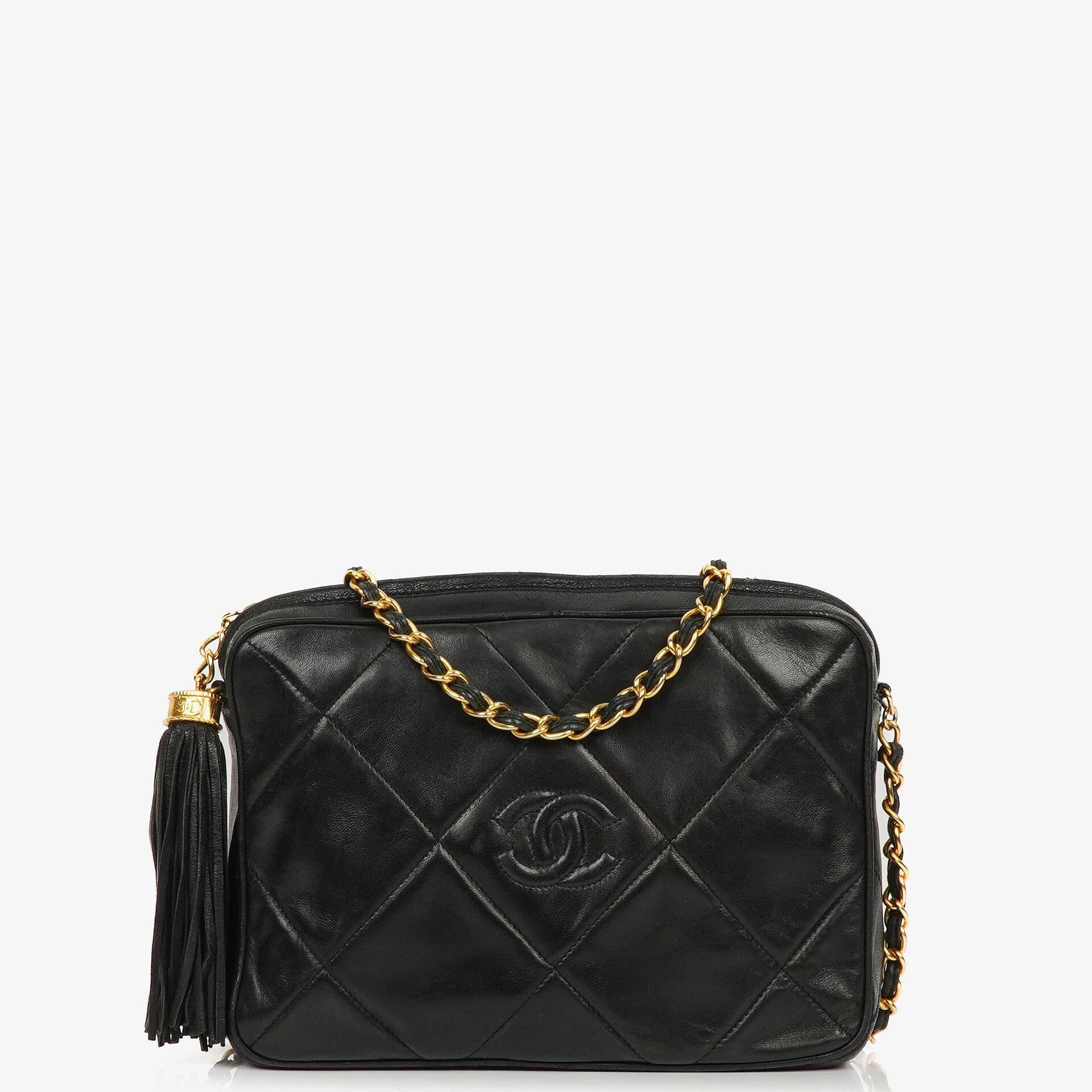 Chanel Vintage CC Black Quilted Lambskin Medium Camera Tassel Shoulder Bag