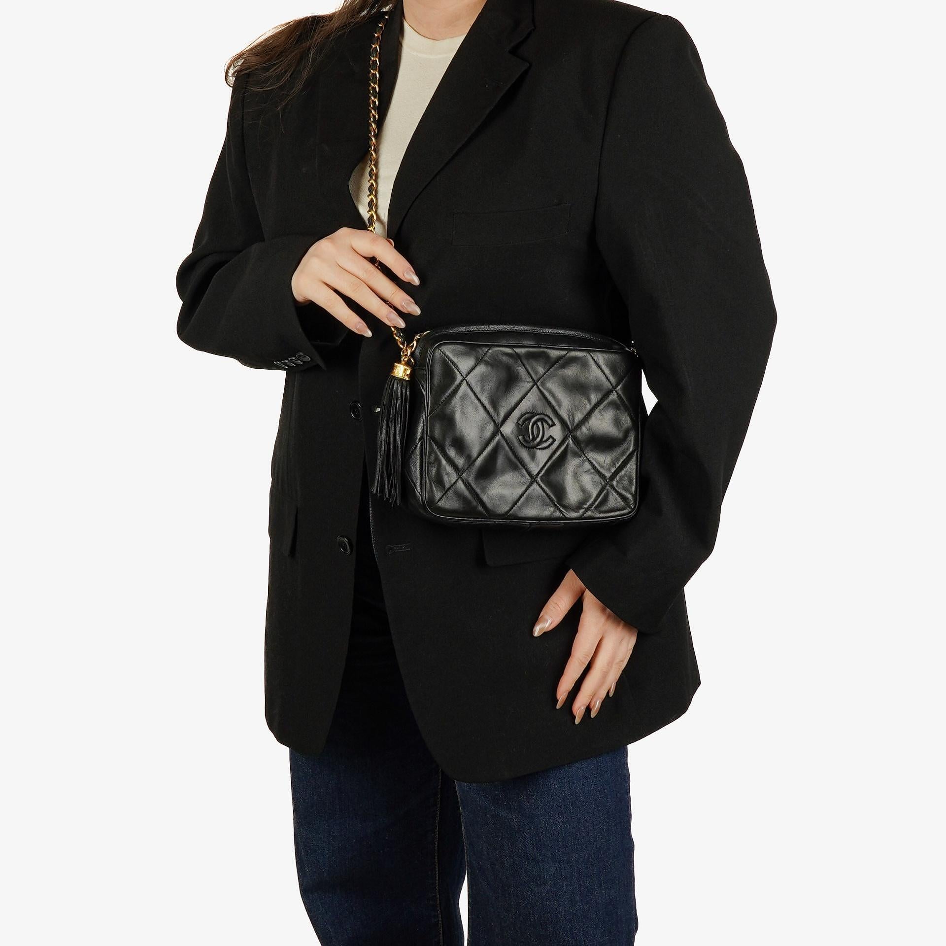 Chanel Vintage CC Black Quilted Lambskin Medium Camera Tassel Shoulder Bag