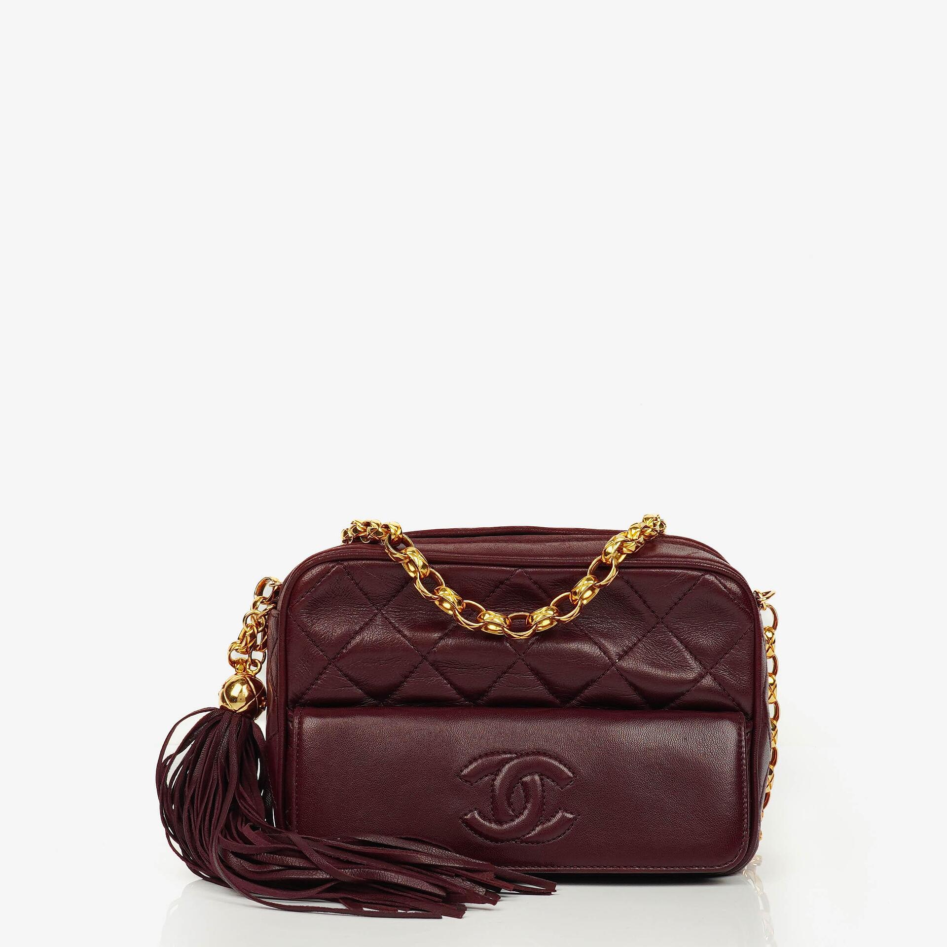 Chanel Vintage CC Burgundy Quilted Lambskin Camera Tassel Bag
