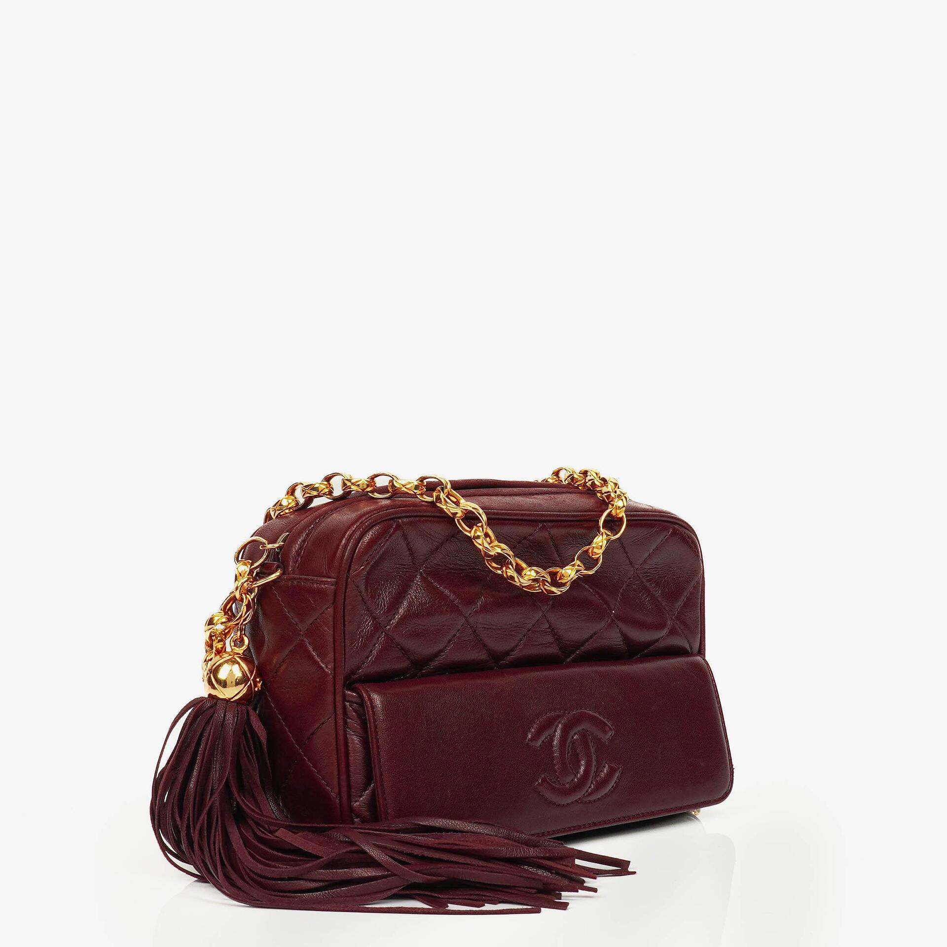 Chanel Vintage CC Burgundy Quilted Lambskin Camera Tassel Bag