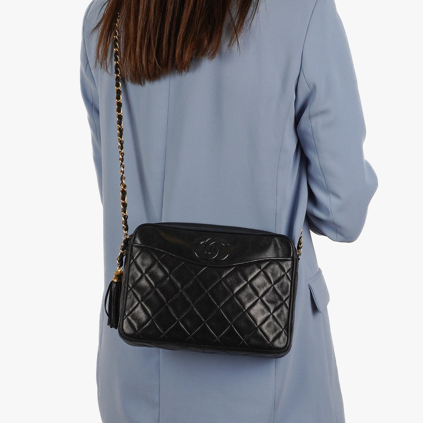Chanel Vintage CC Tassel Camera Bag In Black Quilted Lambskin With Gold Hardware