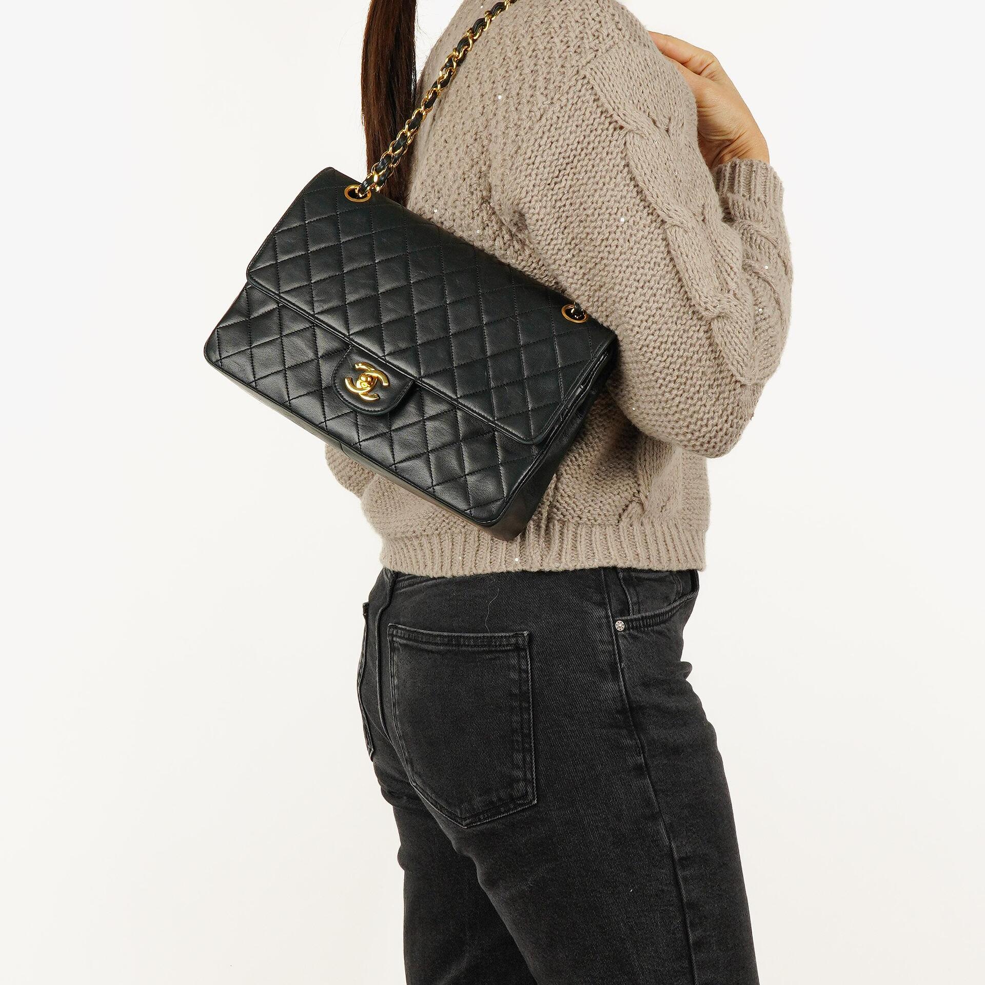 Chanel Vintage Classic Double Flap Bag in Quilted Black Lambskin with 24K Gold-Plated Hardware