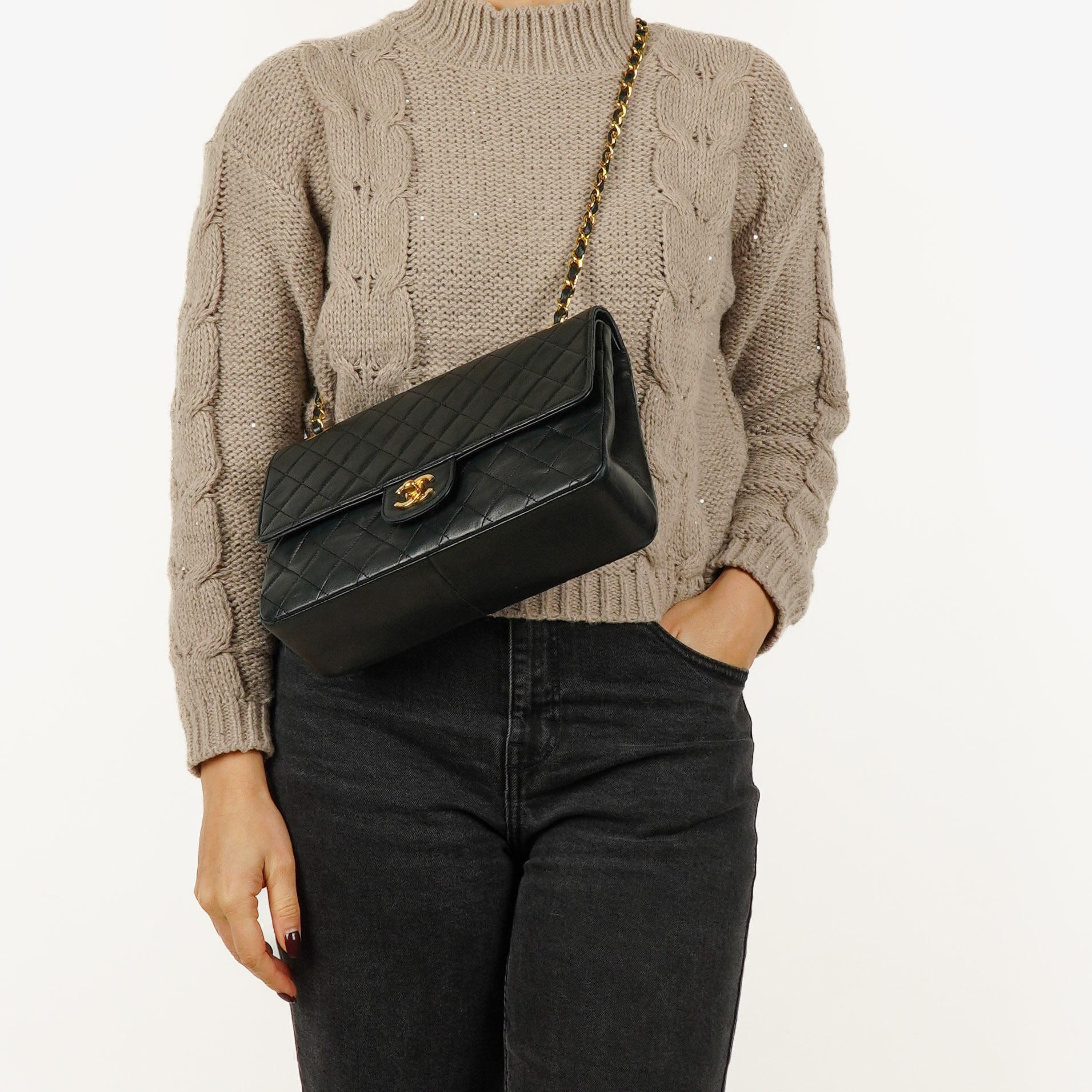Chanel Vintage Classic Double Flap Bag in Quilted Black Lambskin with 24K Gold-Plated Hardware