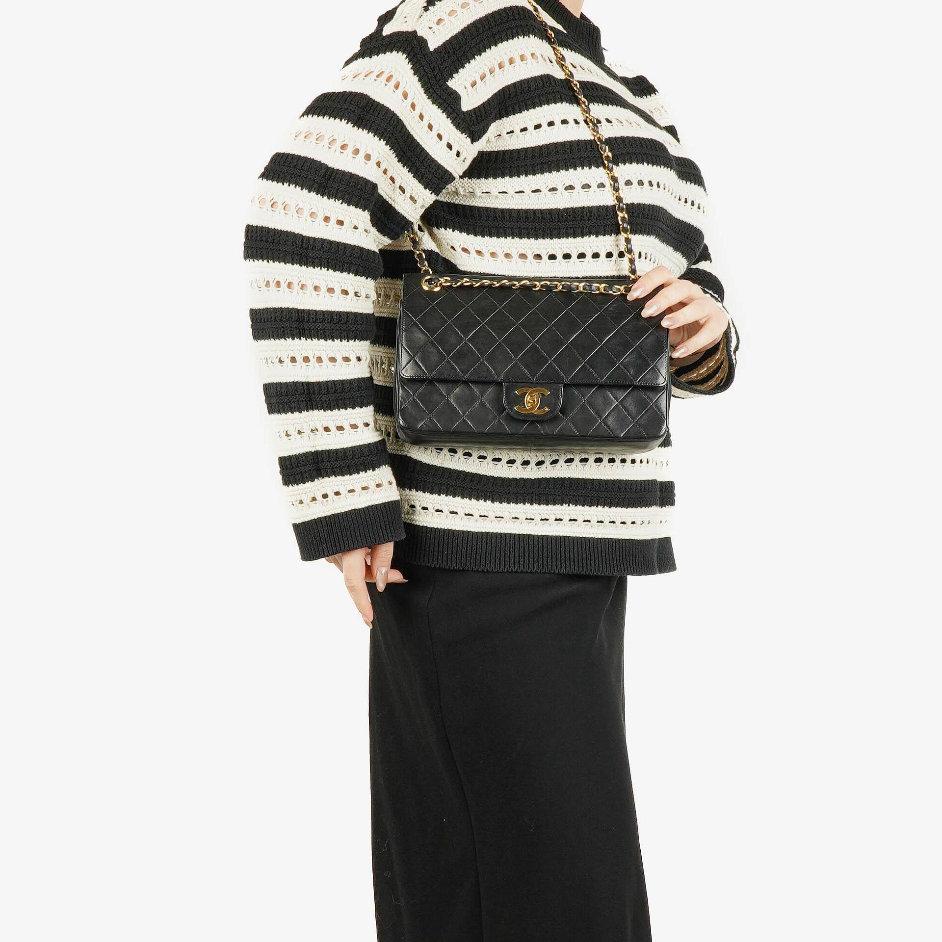 Chanel Vintage Classic Double Flap Bag in Quilted Black Lambskin with 24K Gold-Plated Hardware