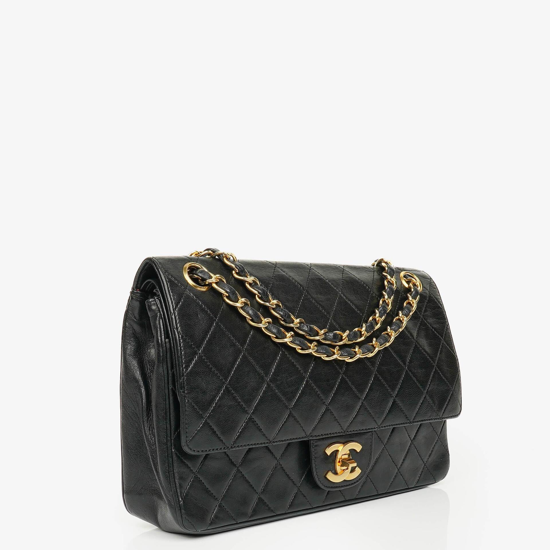 Chanel Vintage Classic Double Flap Bag in Quilted Black Lambskin with 24K Gold-Plated Hardware