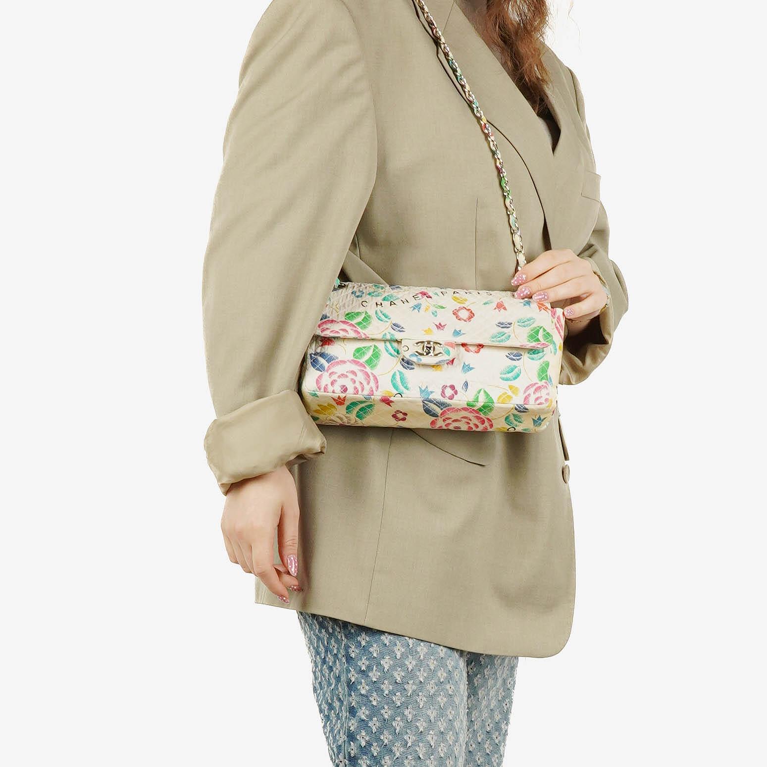 Chanel Vintage Classic Floral Print Quilted Canvas Single Flap Bag