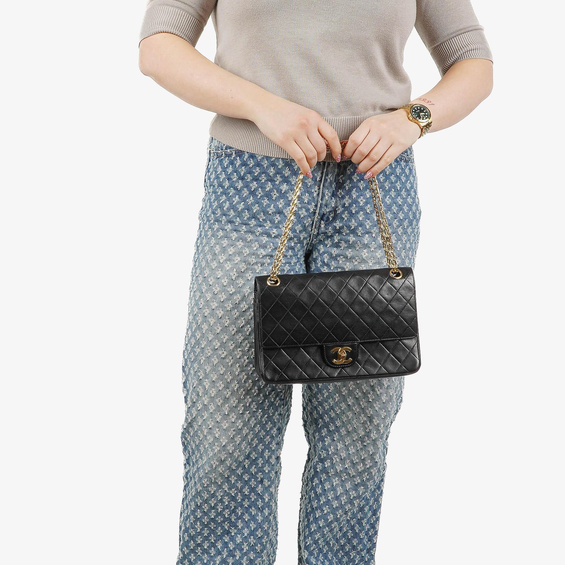 Chanel Vintage Classic Medium Double Flap Bag in Quilted Black Lambskin with 24-karat Gold-Plated Hardware