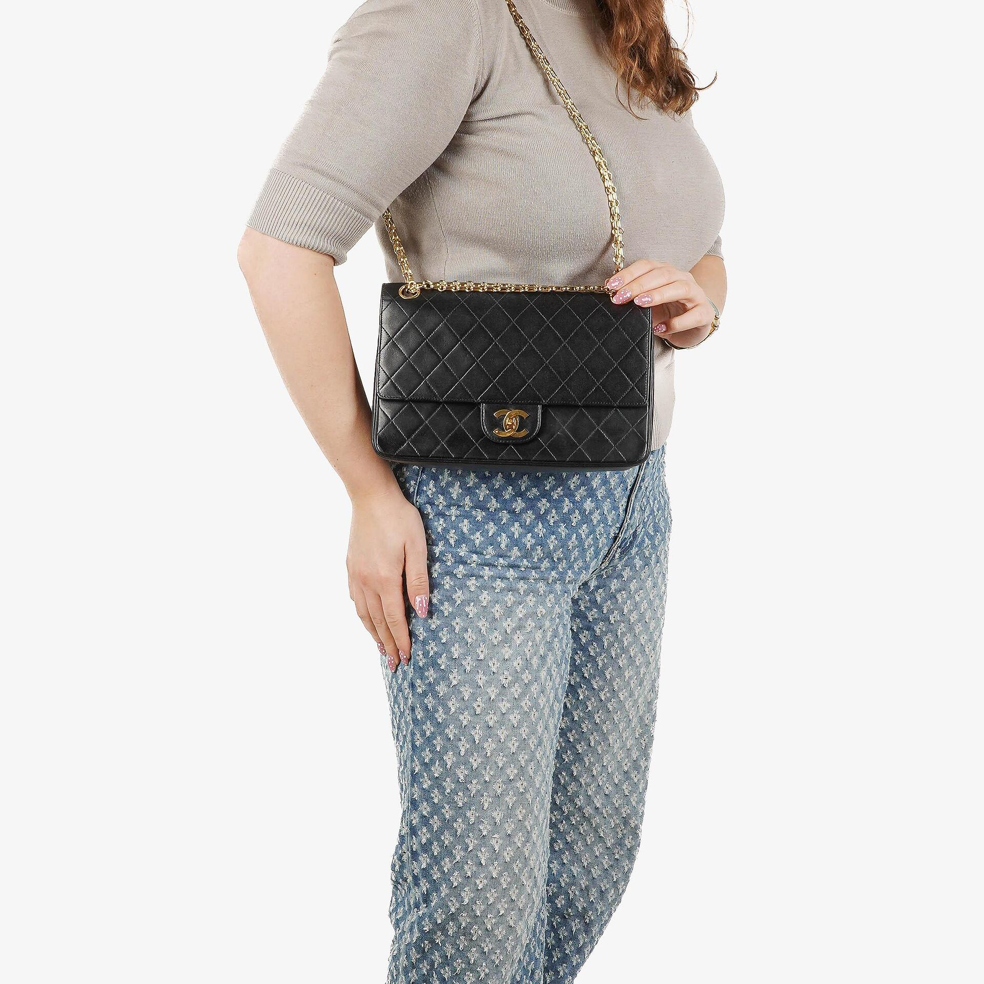 Chanel Vintage Classic Medium Double Flap Bag in Quilted Black Lambskin with 24-karat Gold-Plated Hardware