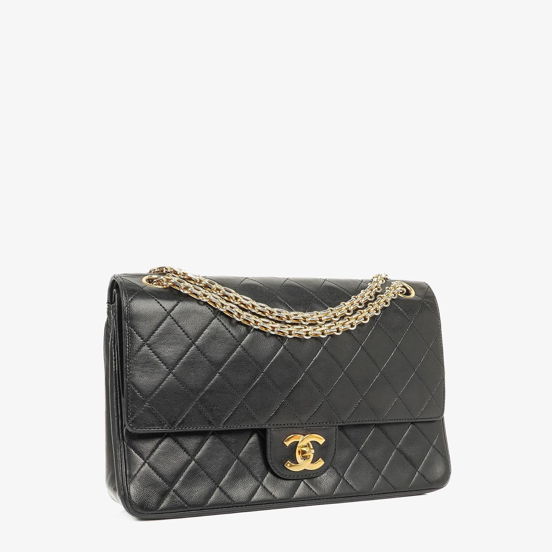Chanel Vintage Classic Medium Double Flap Bag in Quilted Black Lambskin with 24-karat Gold-Plated Hardware