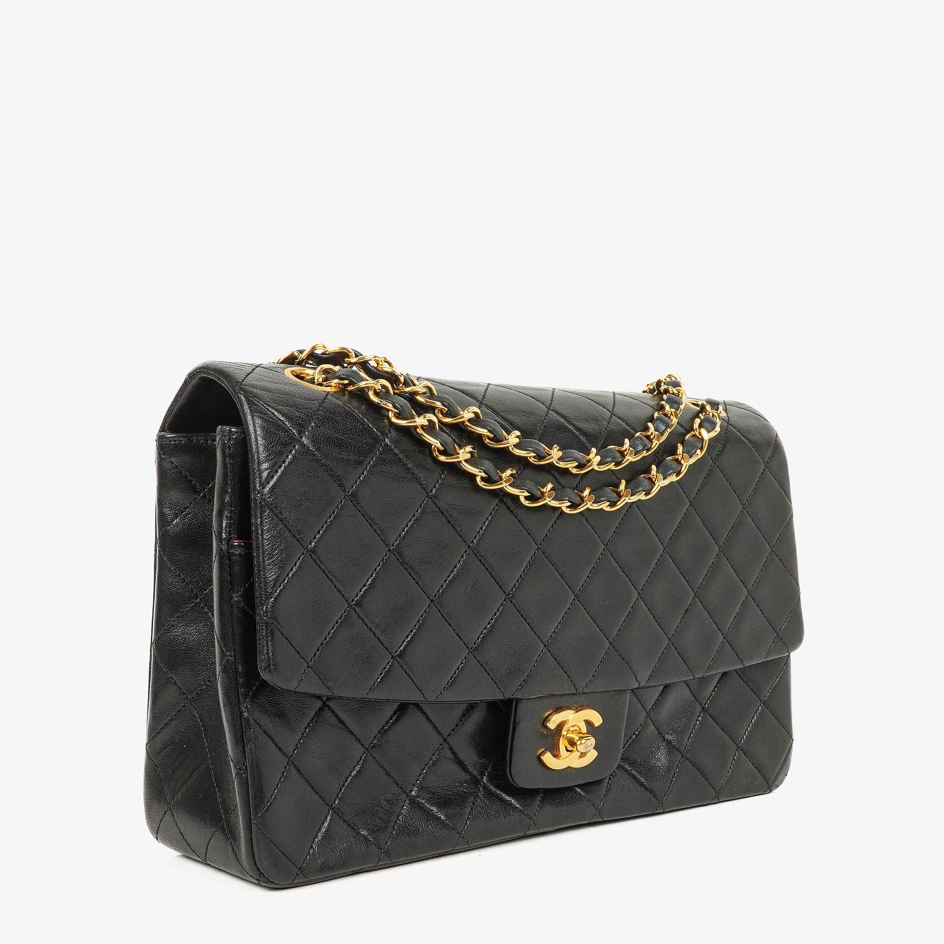 Chanel Vintage Classic Single Flap Bag In Black Quilted Lambskin With 24K Gold-Plated Hardware
