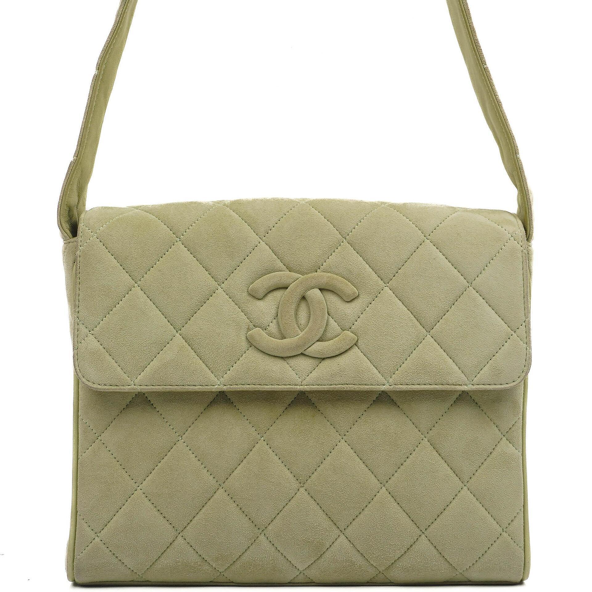 Chanel Vintage Crossbody Flap Bag Light Green Quilted Suede