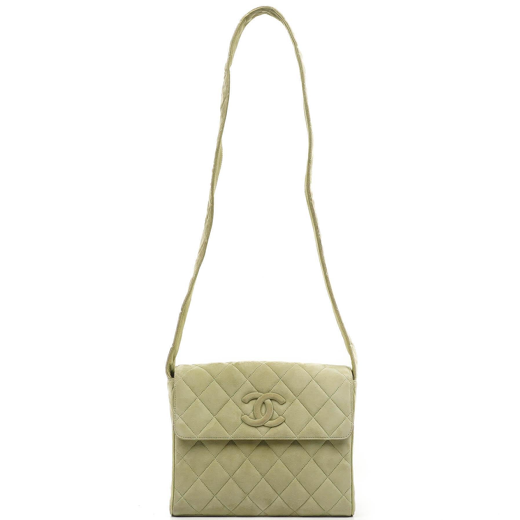 Chanel Vintage Crossbody Flap Bag Light Green Quilted Suede