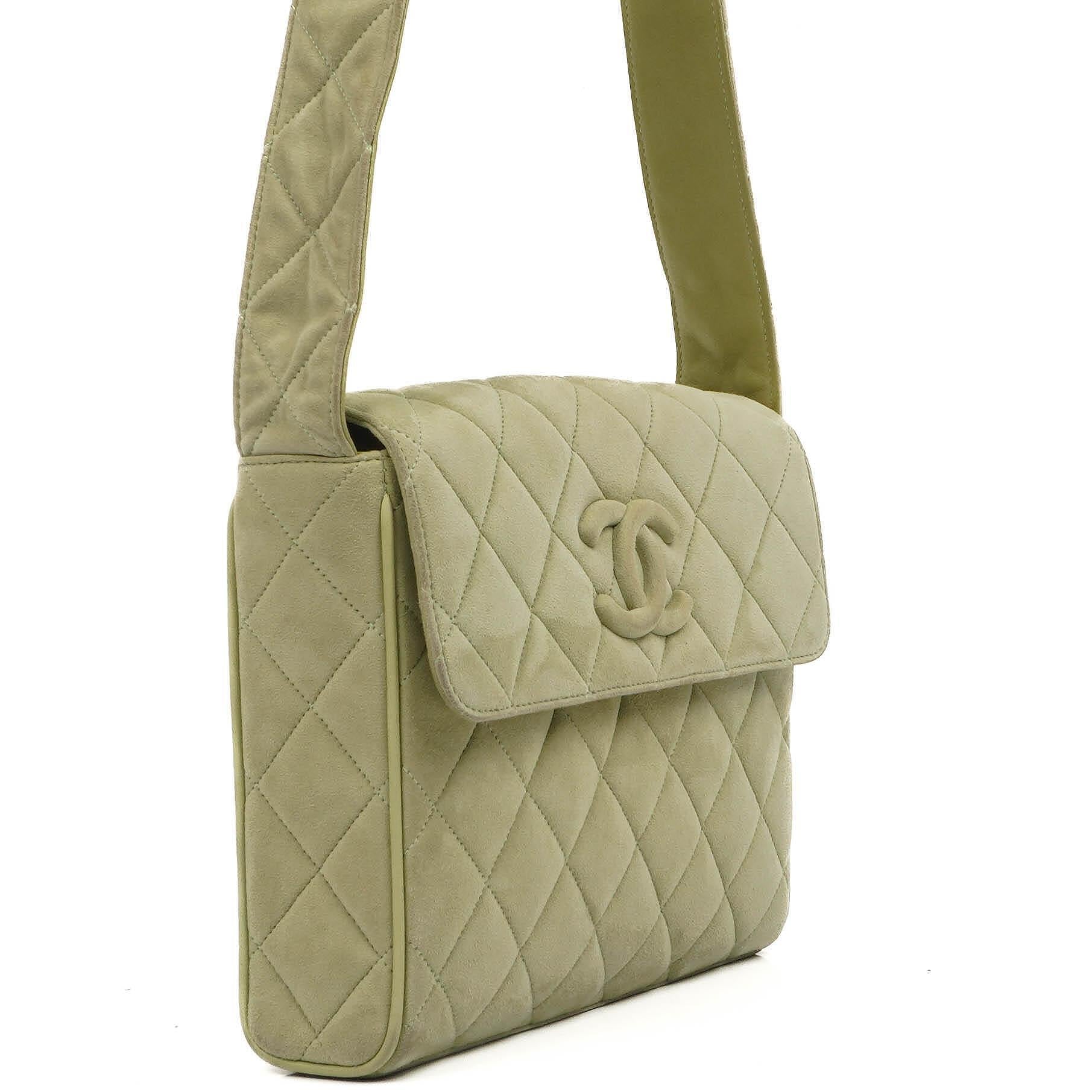 Chanel Vintage Crossbody Flap Bag Light Green Quilted Suede
