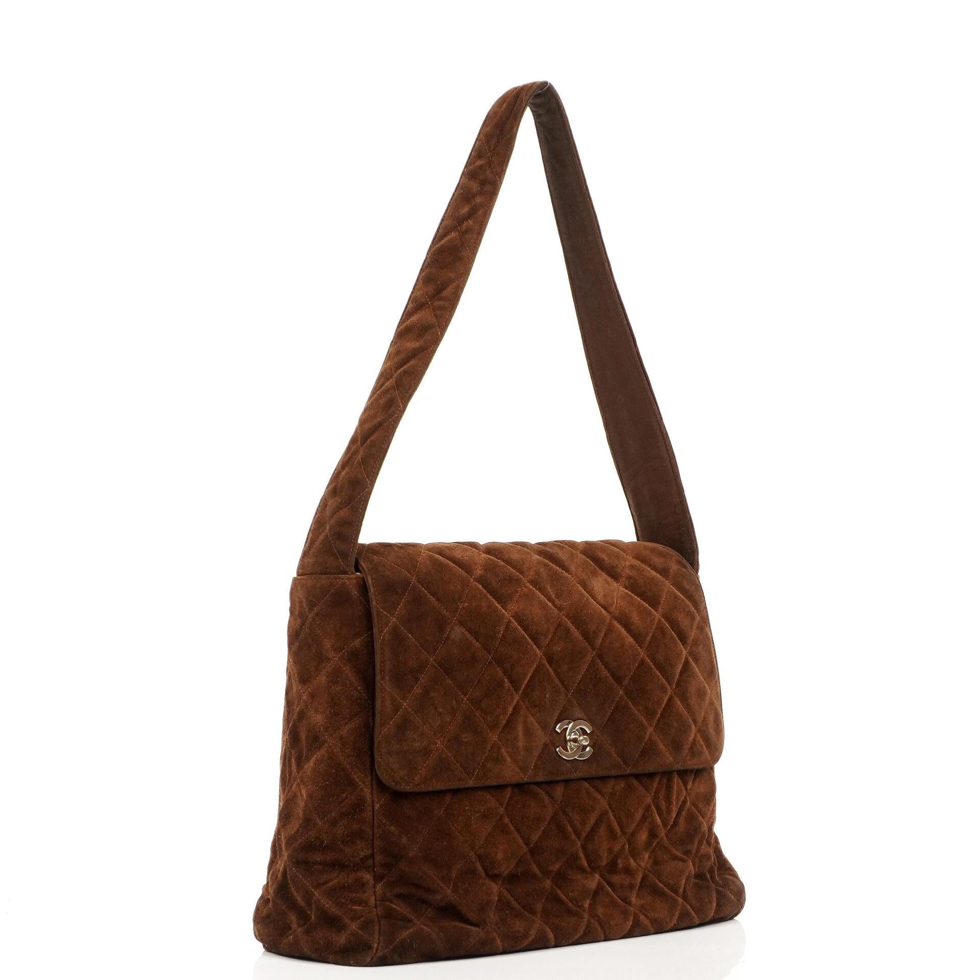 Chanel Vintage Flap Bag Brown Quilted Suede With Silver-Tone Hardware