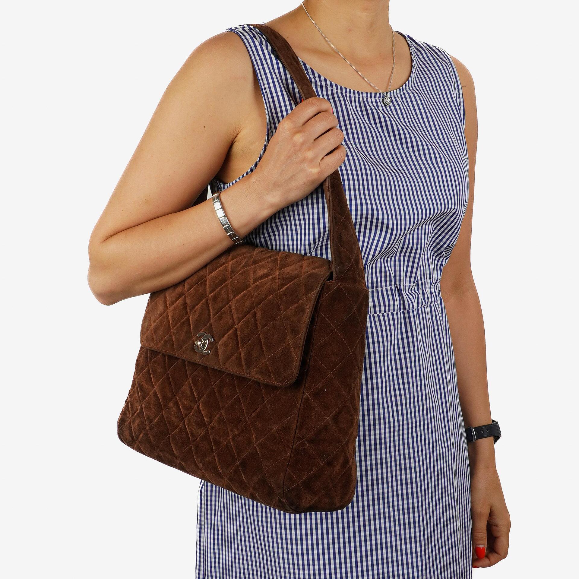 Chanel Vintage Flap Bag Brown Quilted Suede With Silver-Tone Hardware