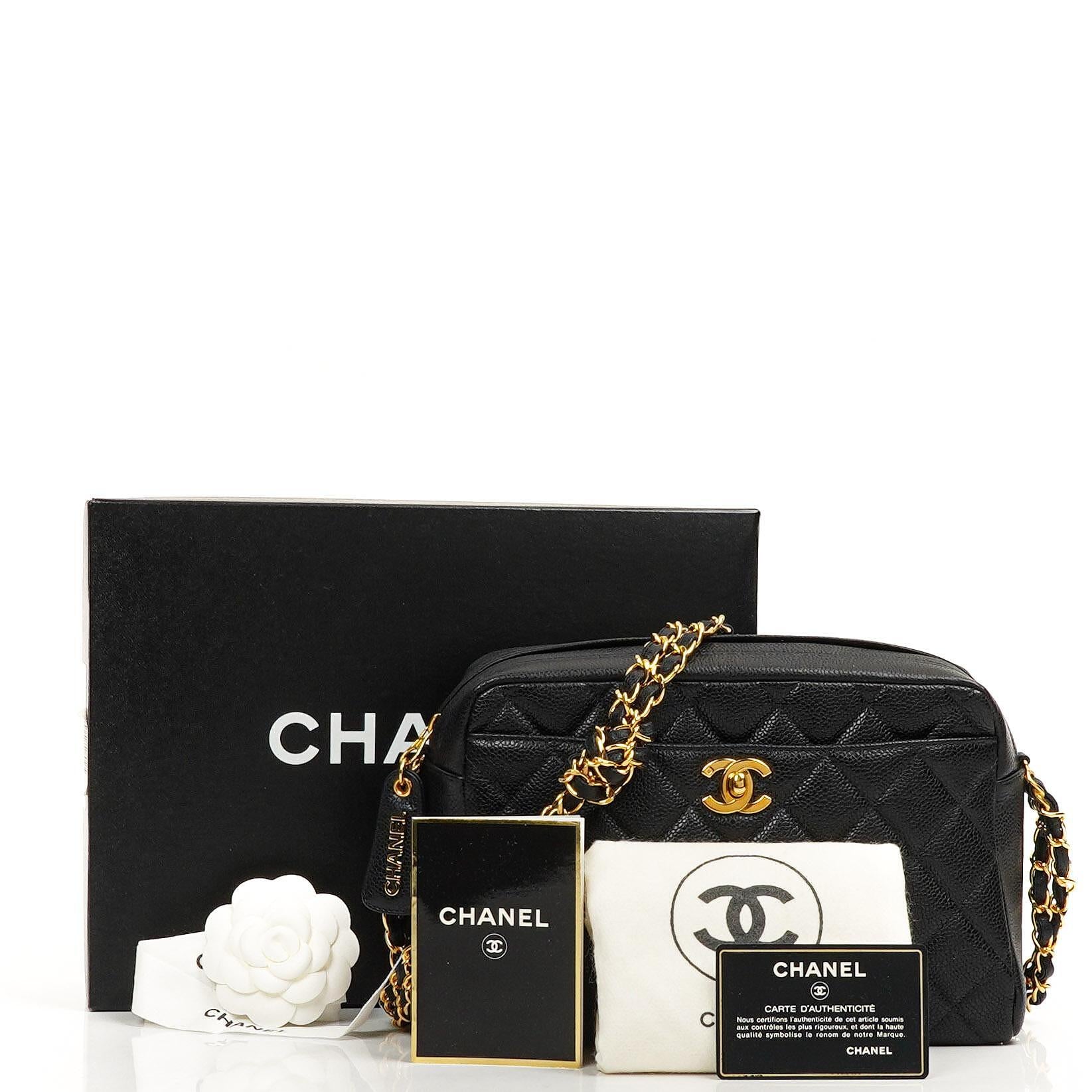 Chanel Vintage Front Pocket Camera Bag Black Quilted Caviar Leather With 24K Gold-Plated Hardware