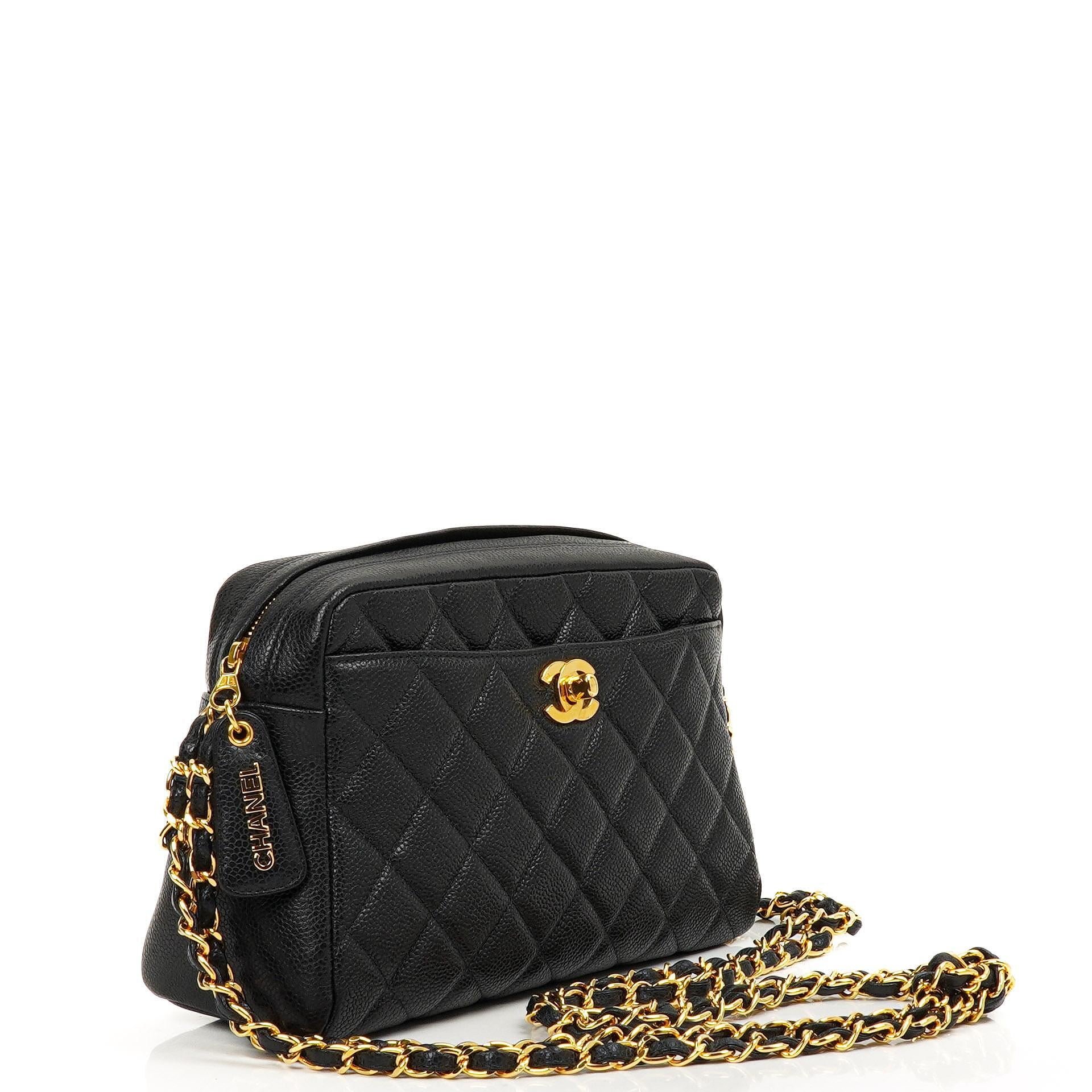 Chanel Vintage Front Pocket Camera Bag Black Quilted Caviar Leather With 24K Gold-Plated Hardware
