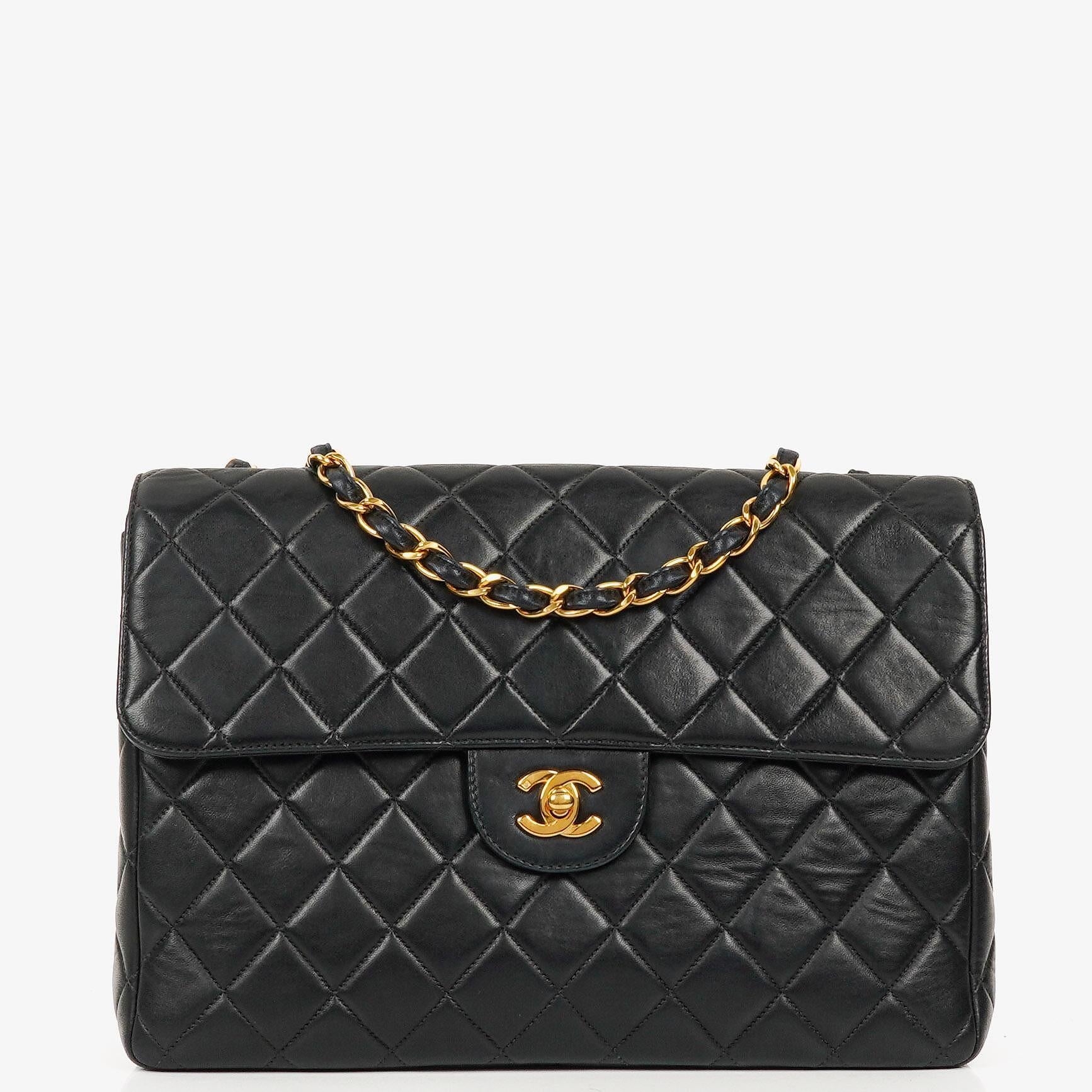 Chanel Vintage Jumbo Classic Single Flap Bag Black Quilted Lambskin With 24K Gold-Plated Hardware, 1996-1997